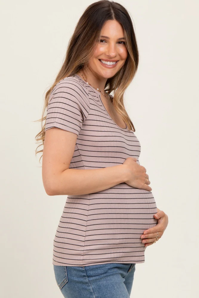 Mocha Ribbed Striped Short Sleeve Maternity Top - Image 3