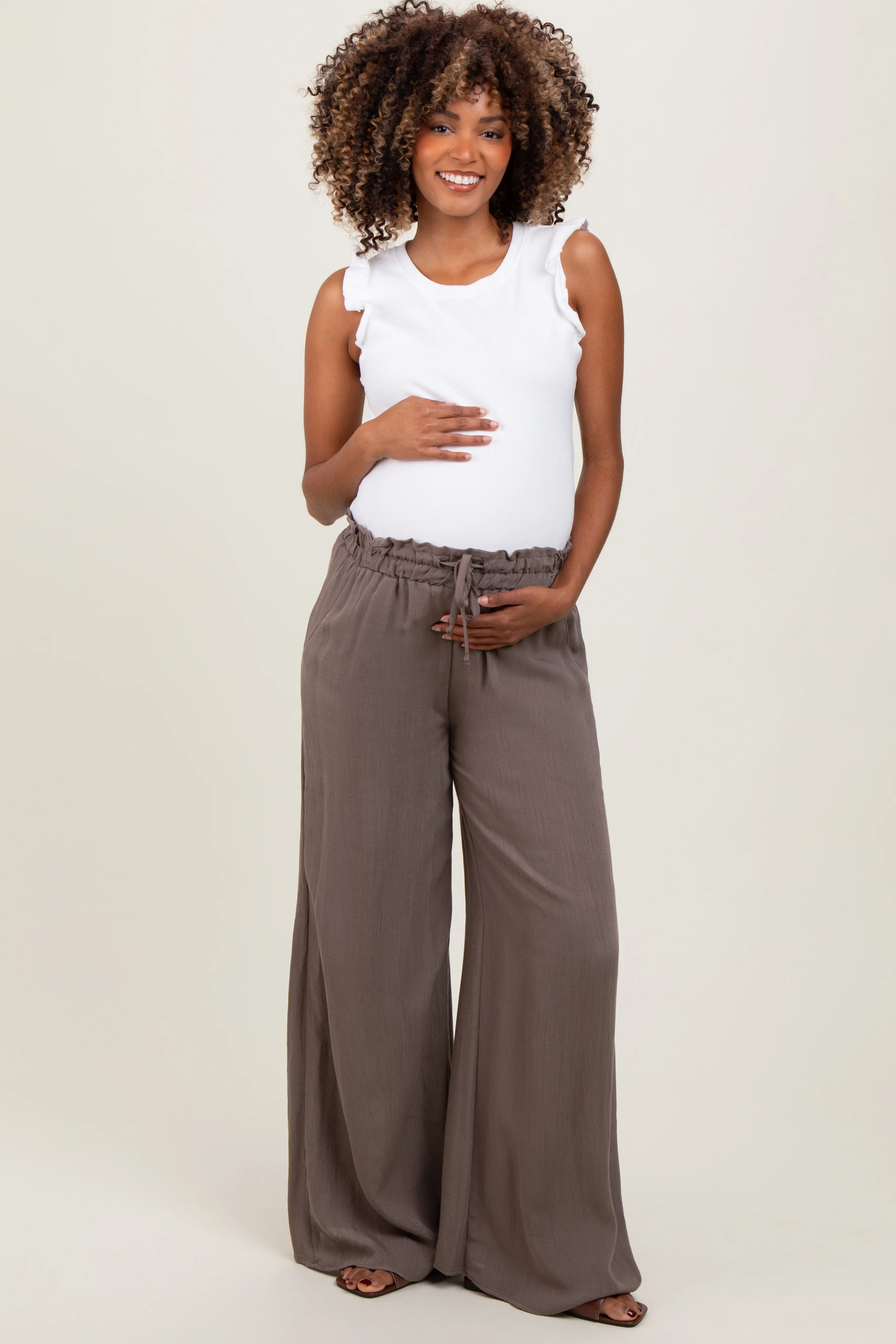 Mocha Ruffled Drawstring Waist Wide Leg Maternity Pants - Image 2