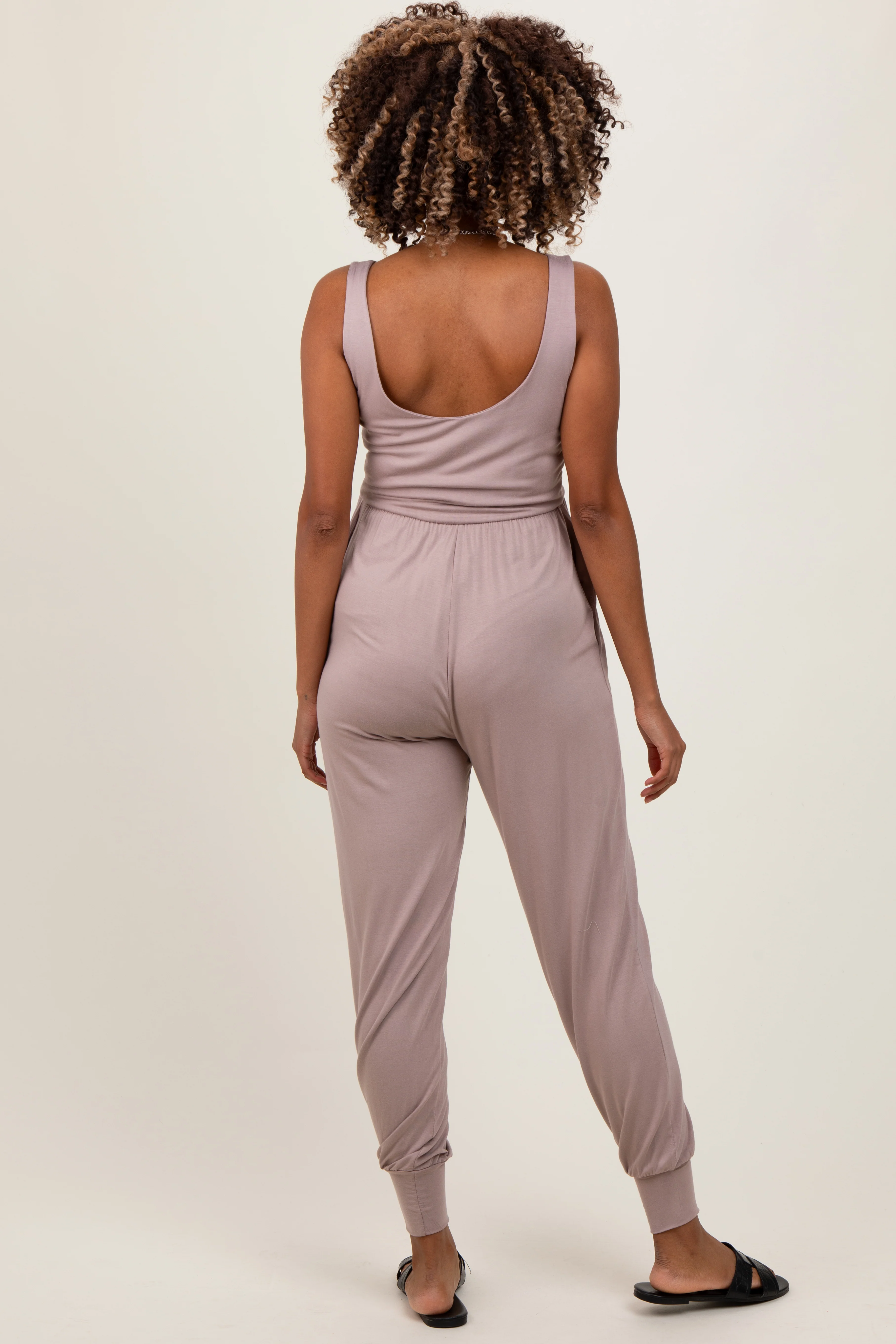 Mocha Scoop Neck Sleeveless Maternity Jogger Jumpsuit - Image 3