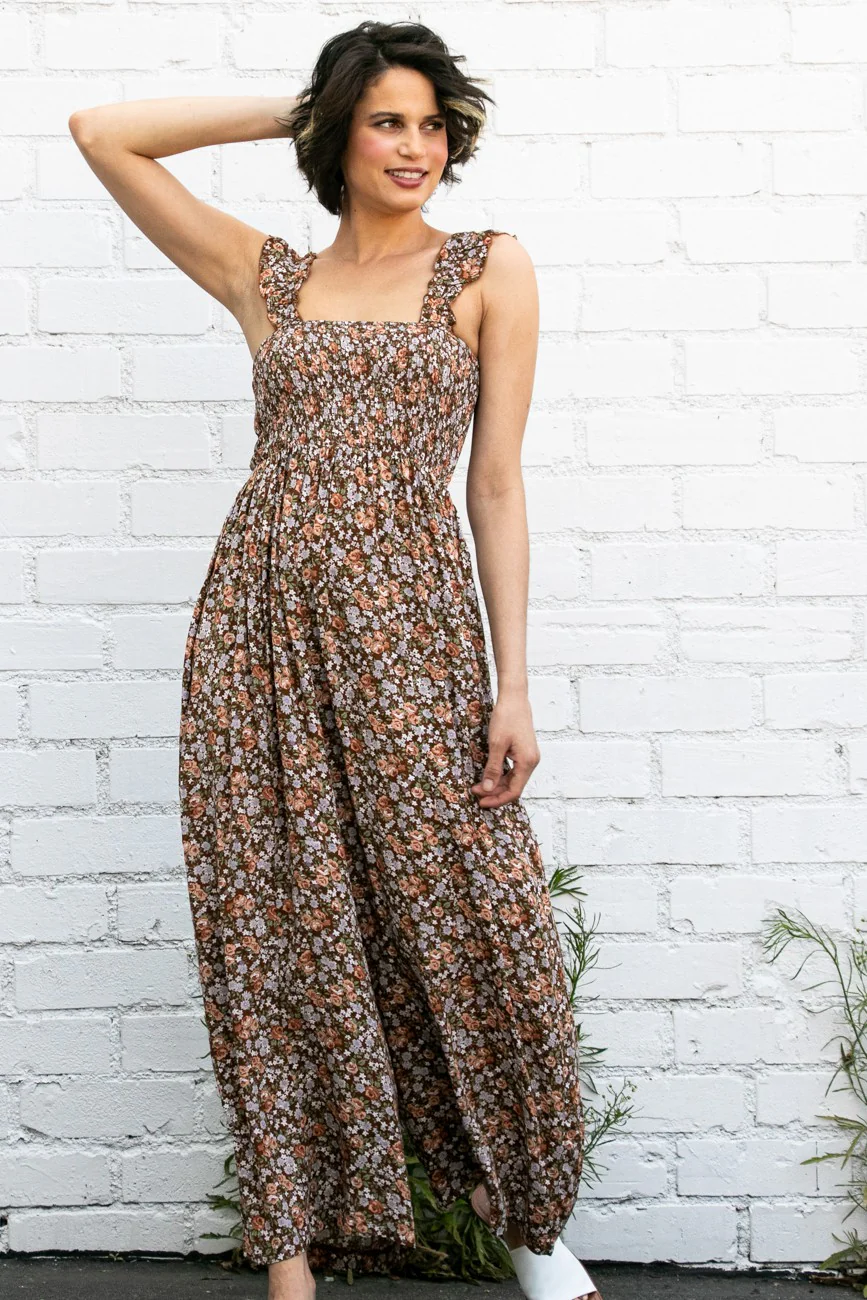Mocha Sleeveless Floral Smocked Ruffle Jumpsuit - Image 2