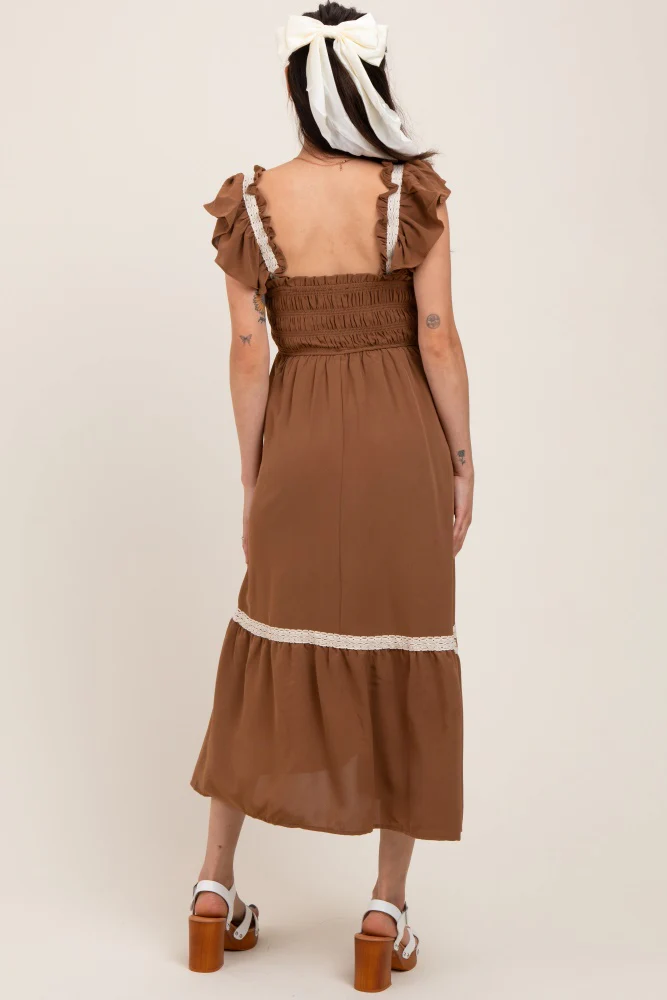 Mocha Smocked Lace Detail Maternity Midi Dress - Image 4
