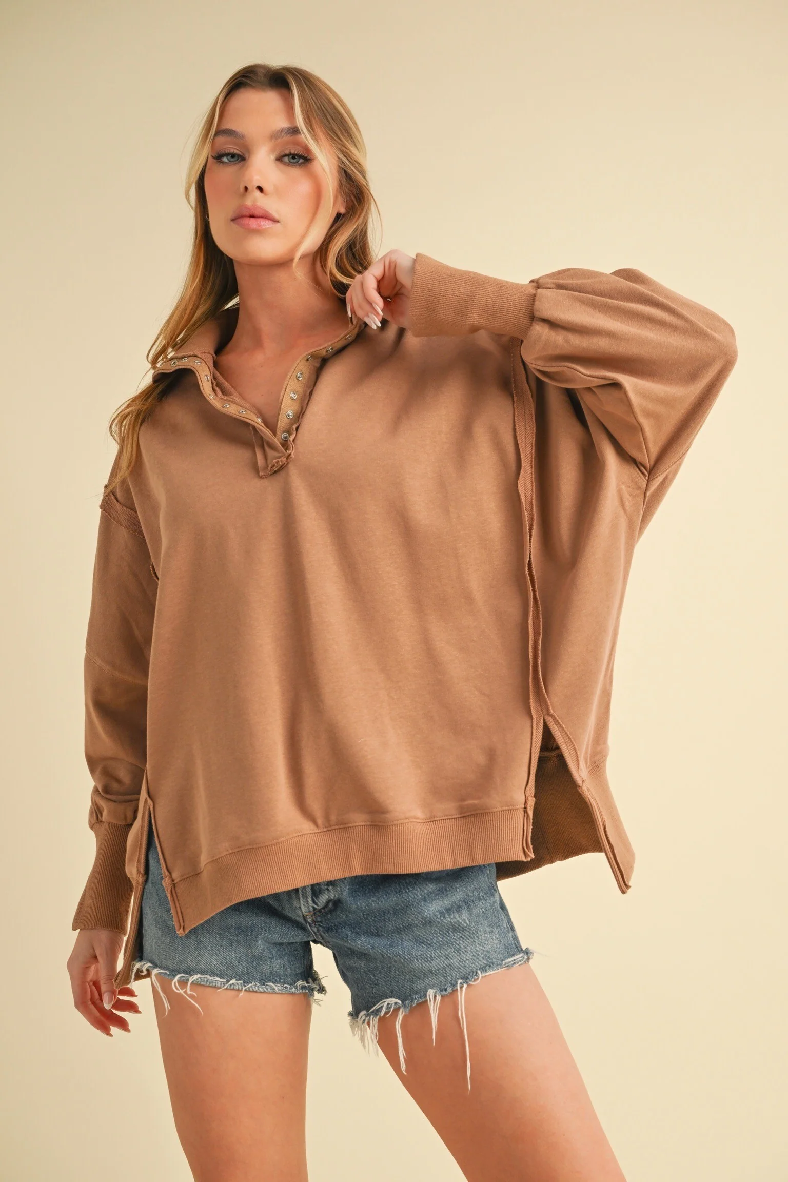 Mocha Snap Button Pullover Henley Maternity Sweatshirt - Image 4