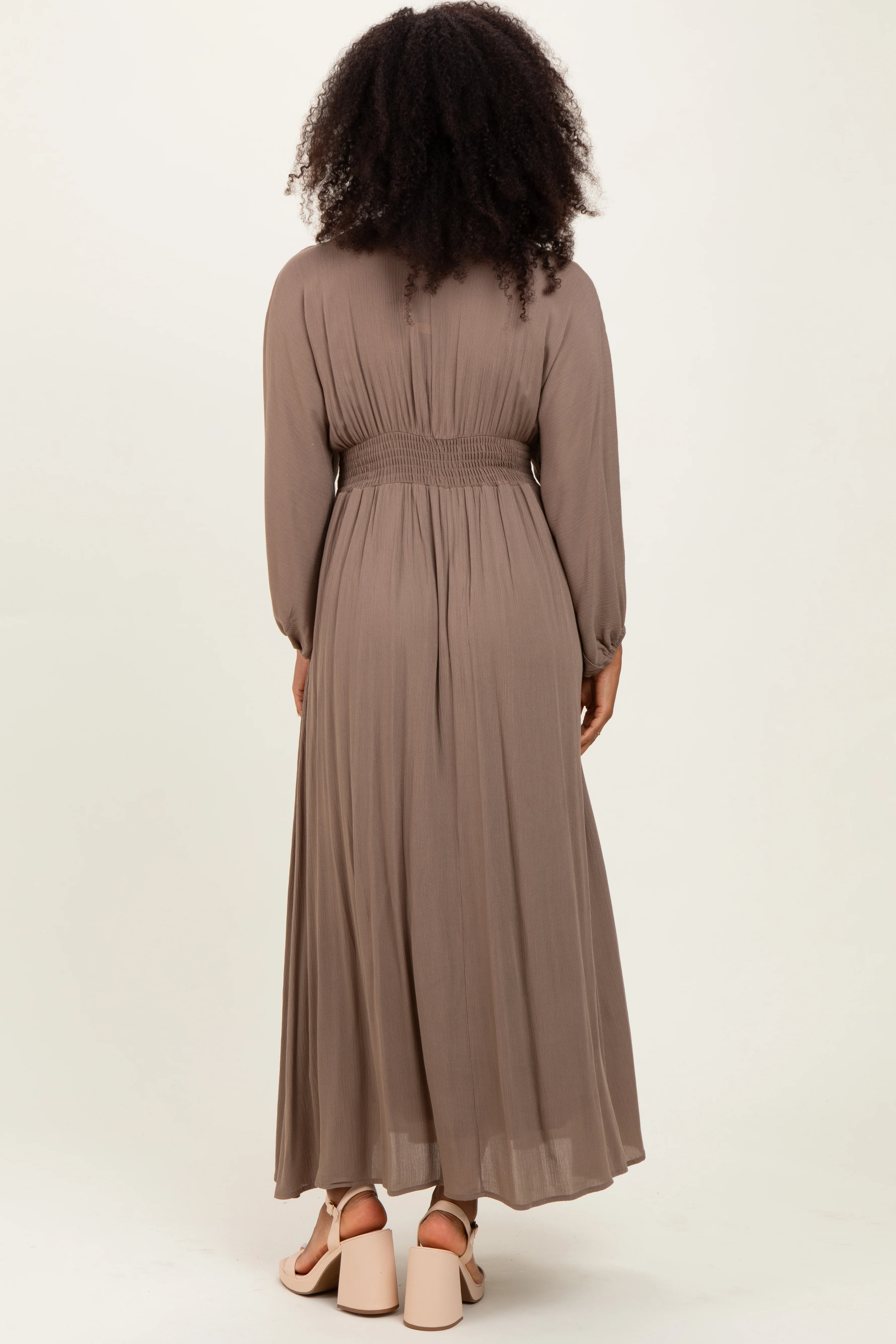 Mocha Solid Long Sleeve V-Neck Smocked Detail Maxi Dress - Image 3