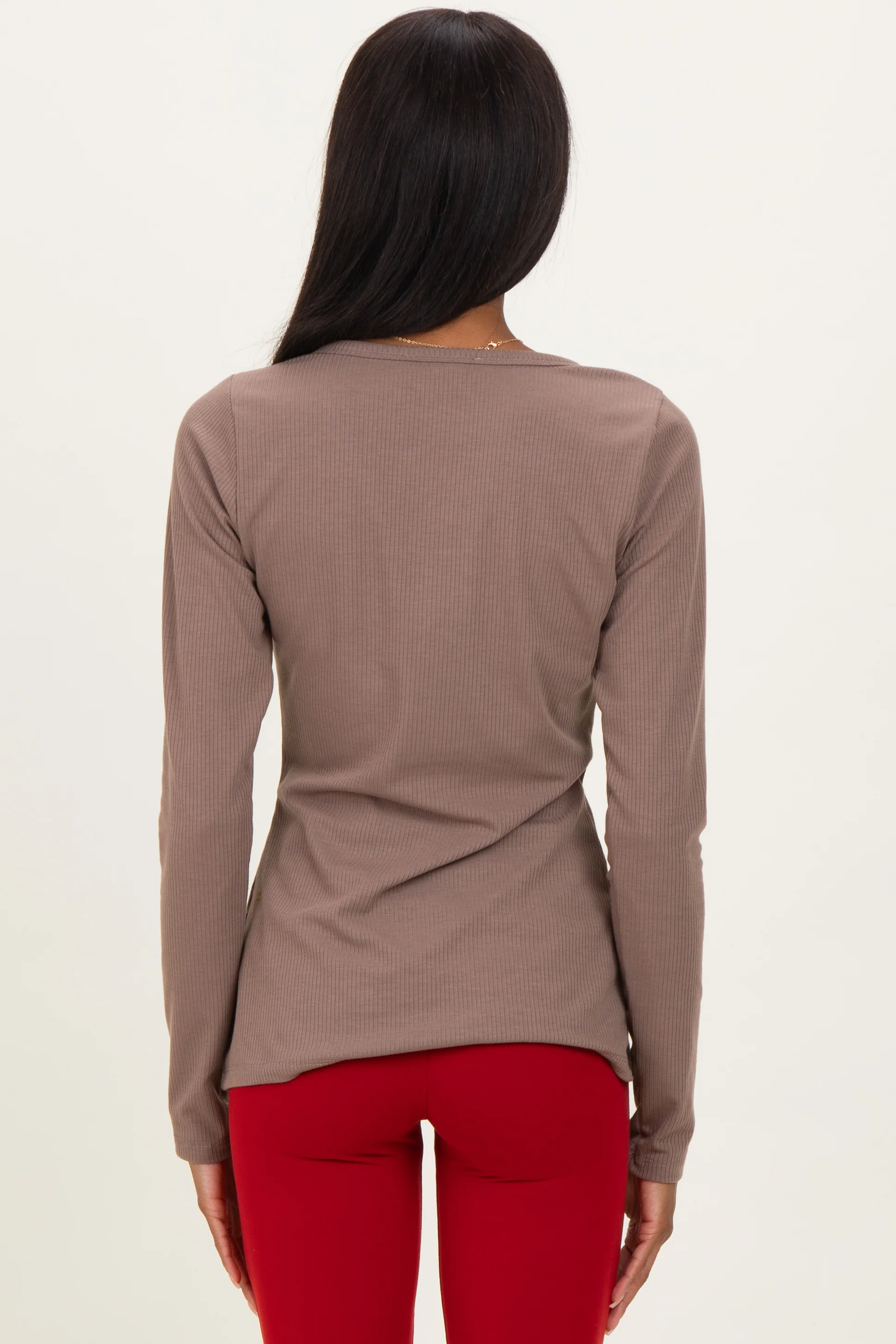 Mocha Solid Ribbed Long Sleeve Button Down Tunic Top - Image 3