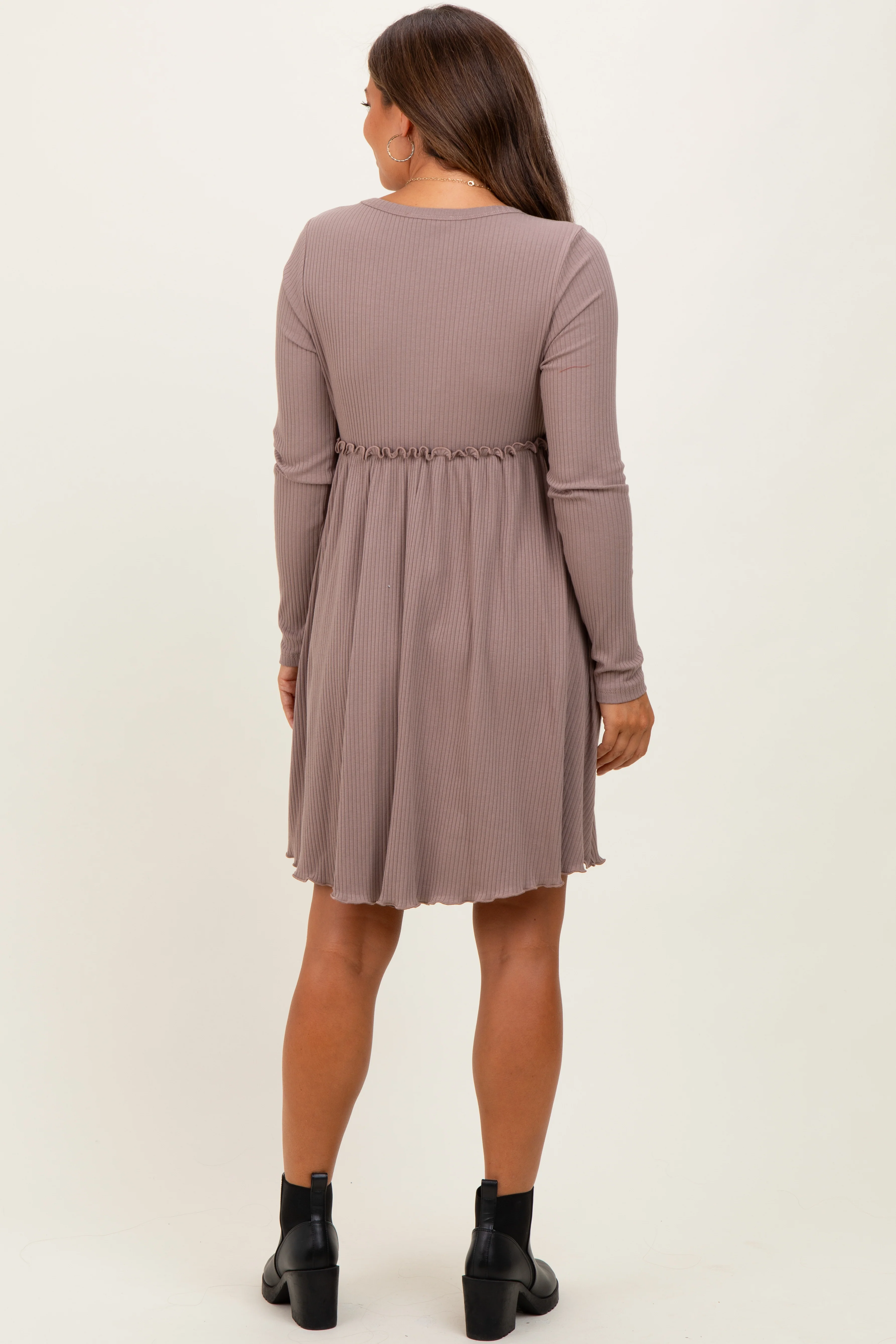 Mocha Solid Ribbed Long Sleeve Crewneck Shirring Maternity Mini Dress - Image 4