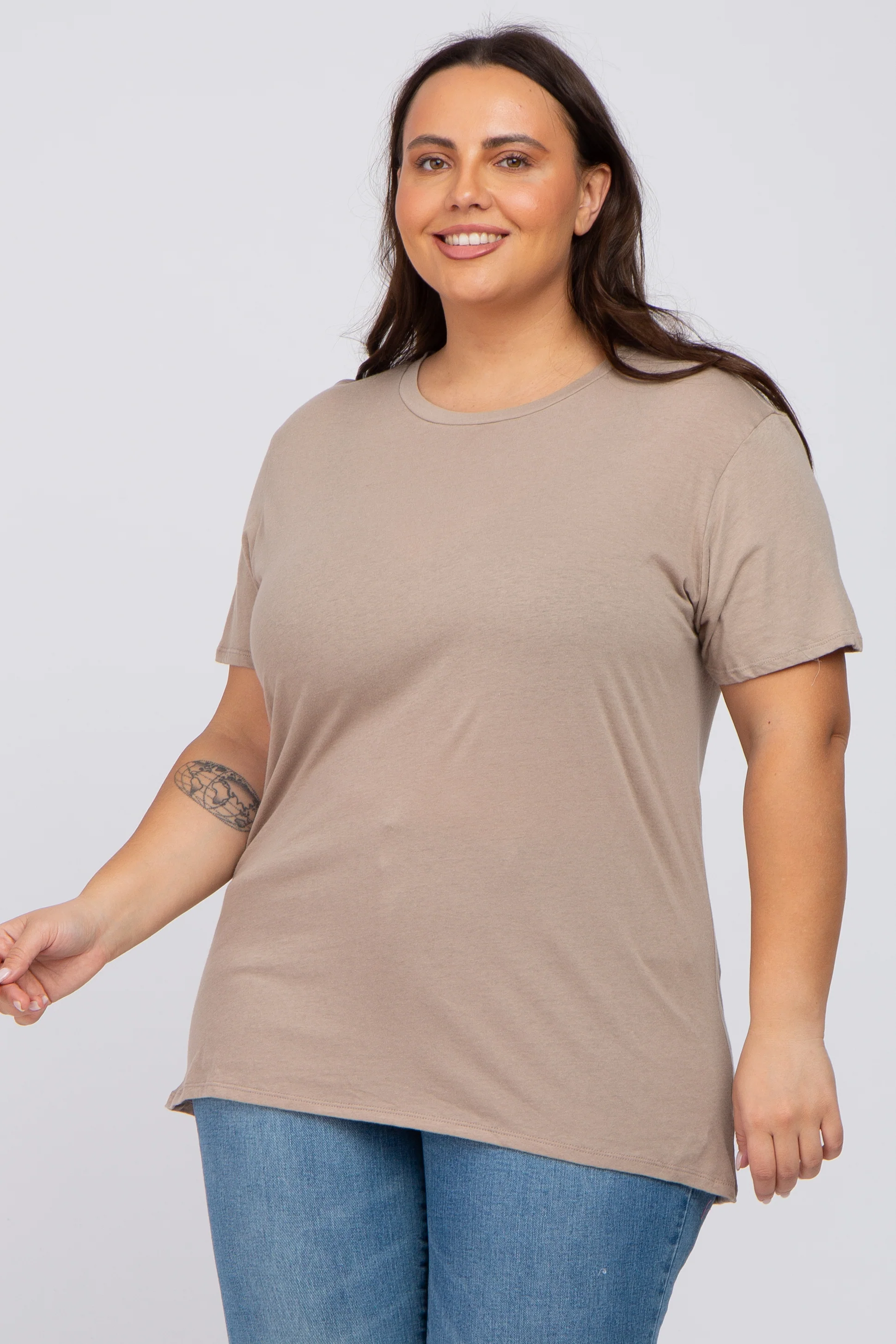 Mocha Solid Short Sleeve Plus Top - Image 2