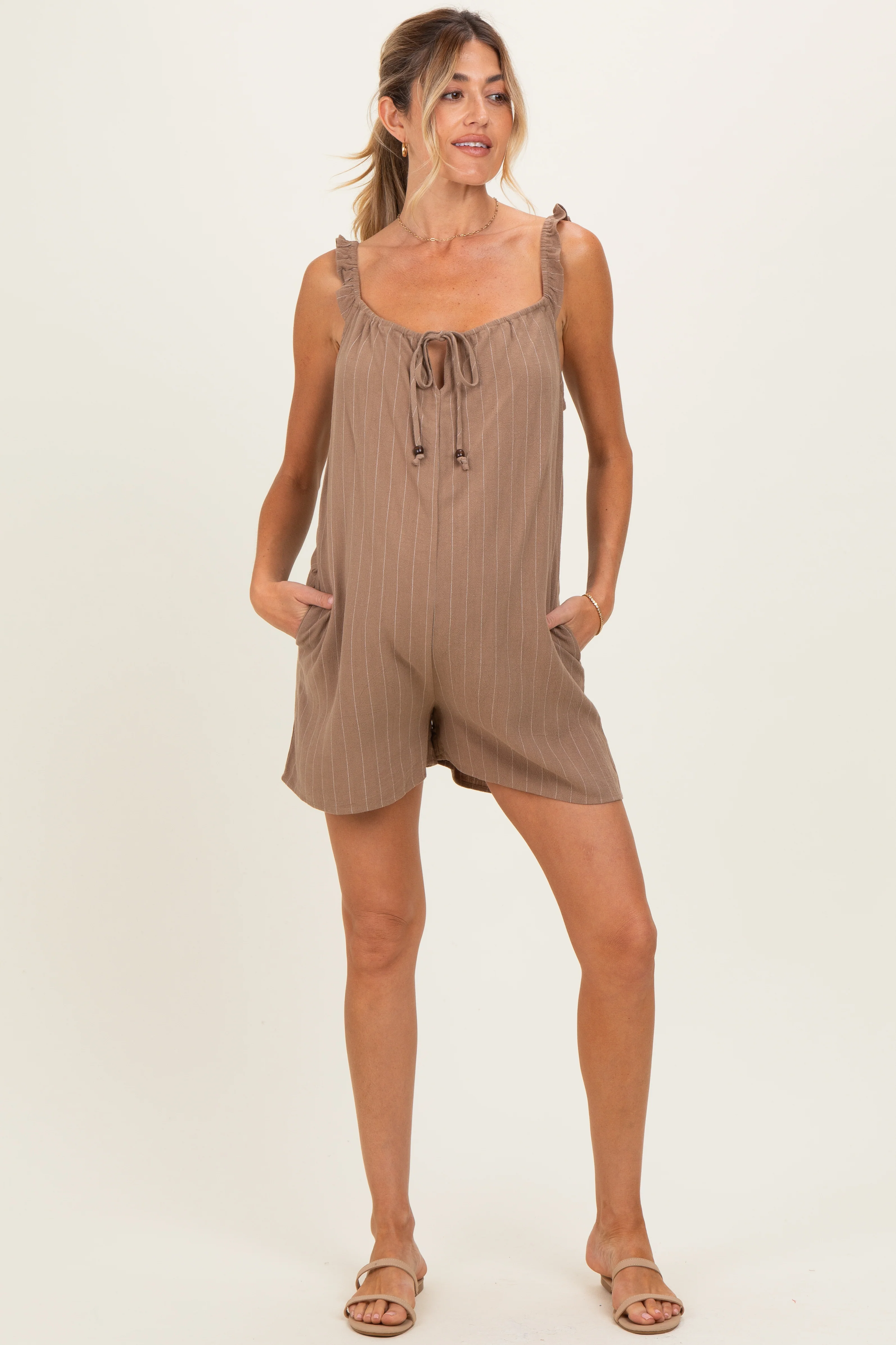 Mocha Stripe Front Tie Linen Blend Maternity Romper - Image 3
