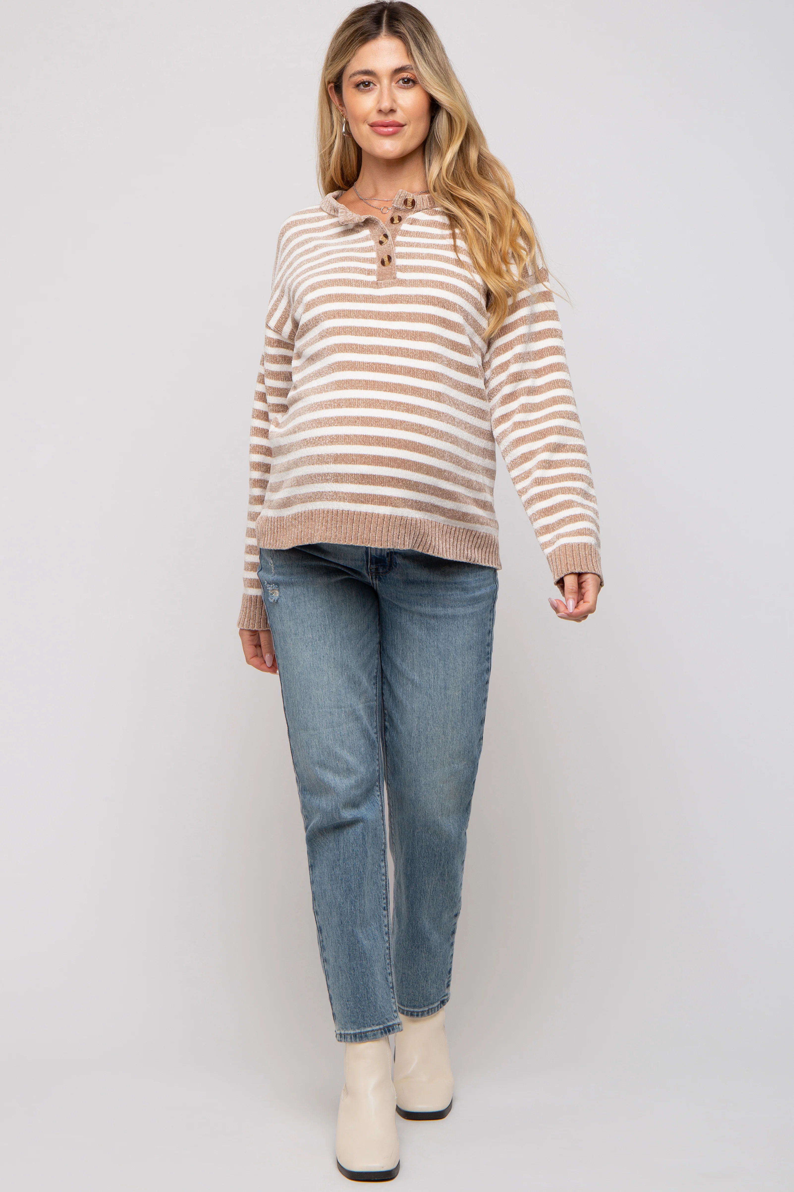 Mocha Striped Chenille Henley Maternity Sweater - Image 4
