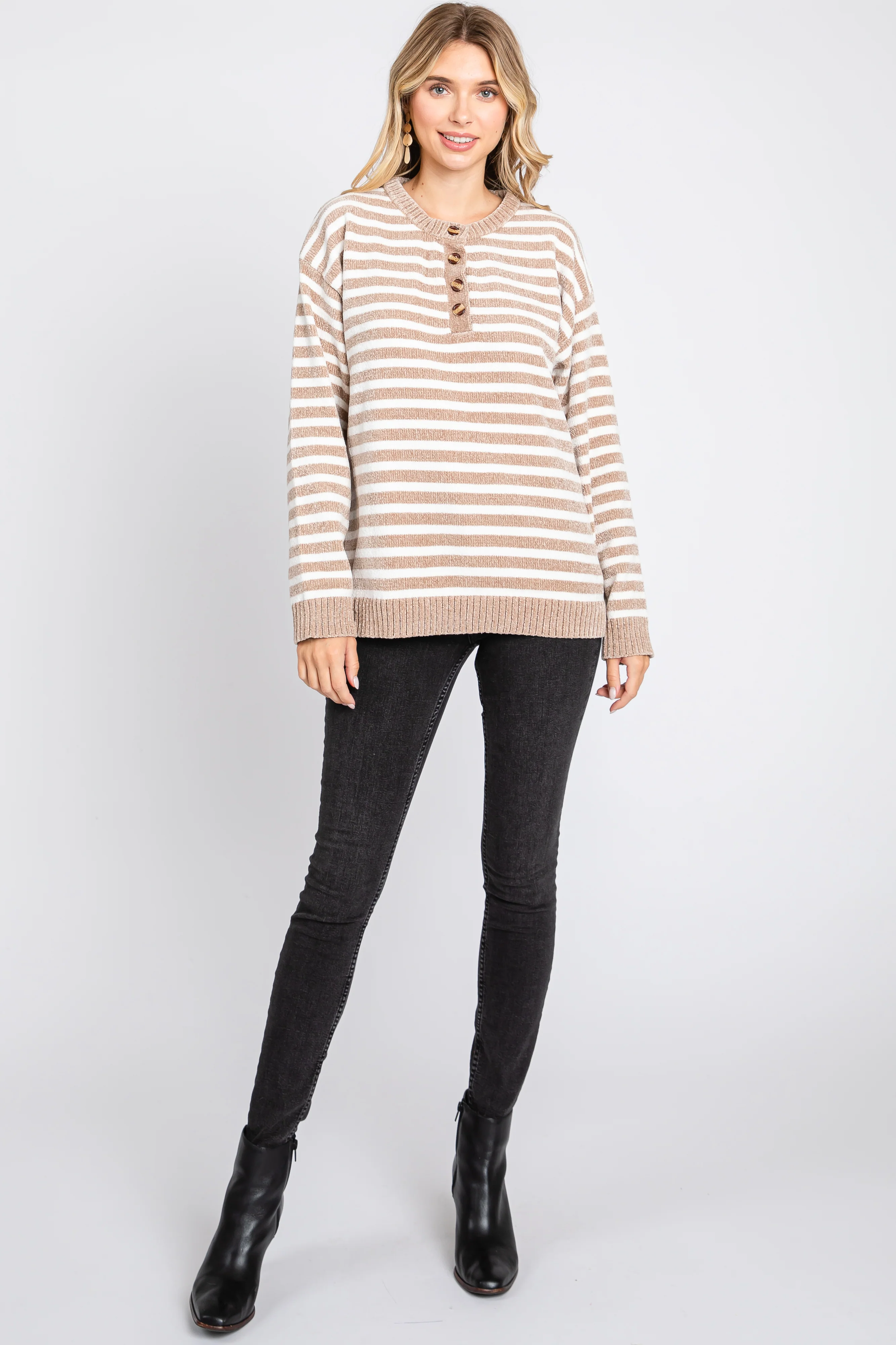 Mocha Striped Chenille Henley Sweater - Image 4
