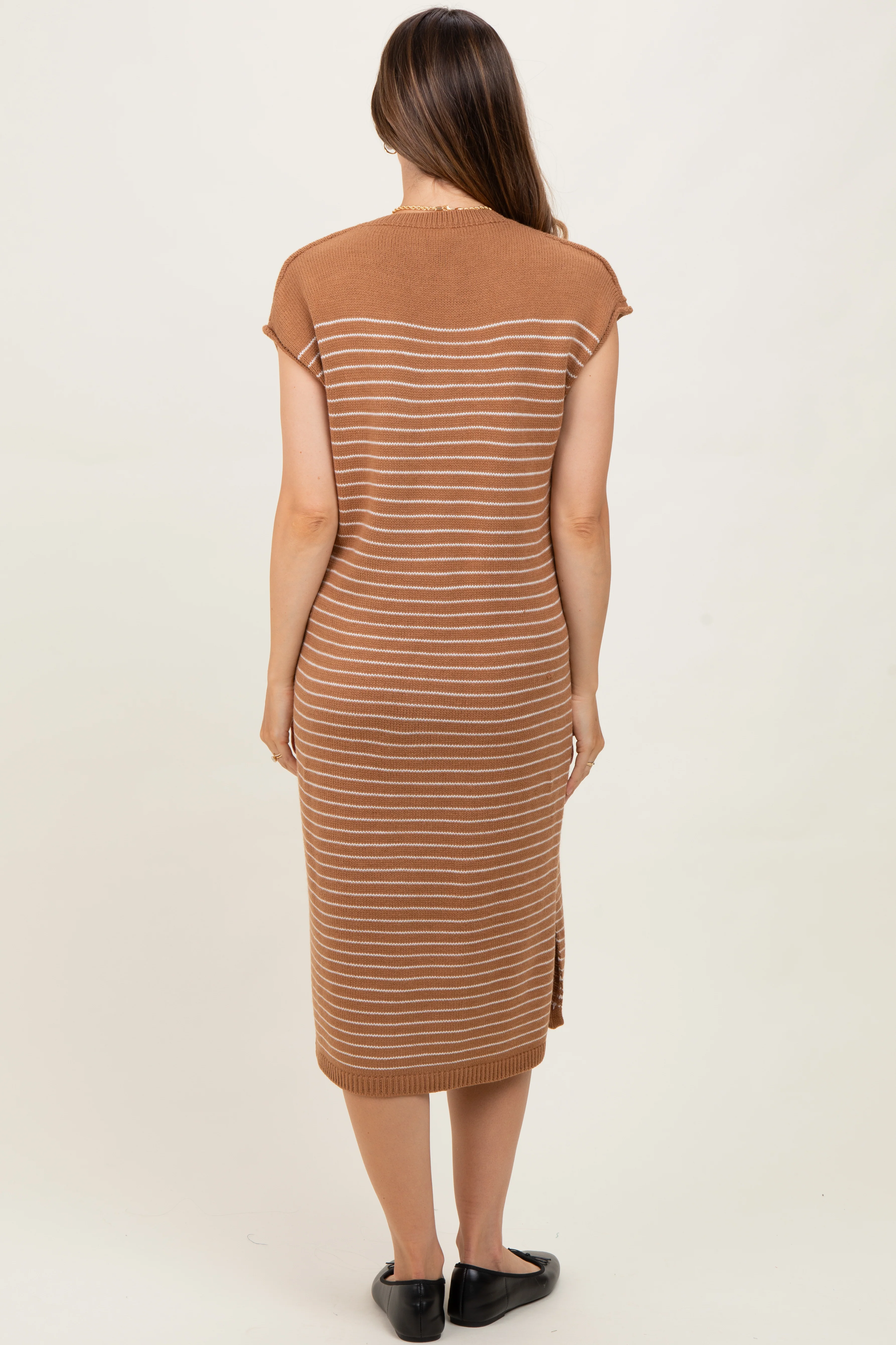 Mocha Striped Knit Button Detail Maternity Midi Dress - Image 3