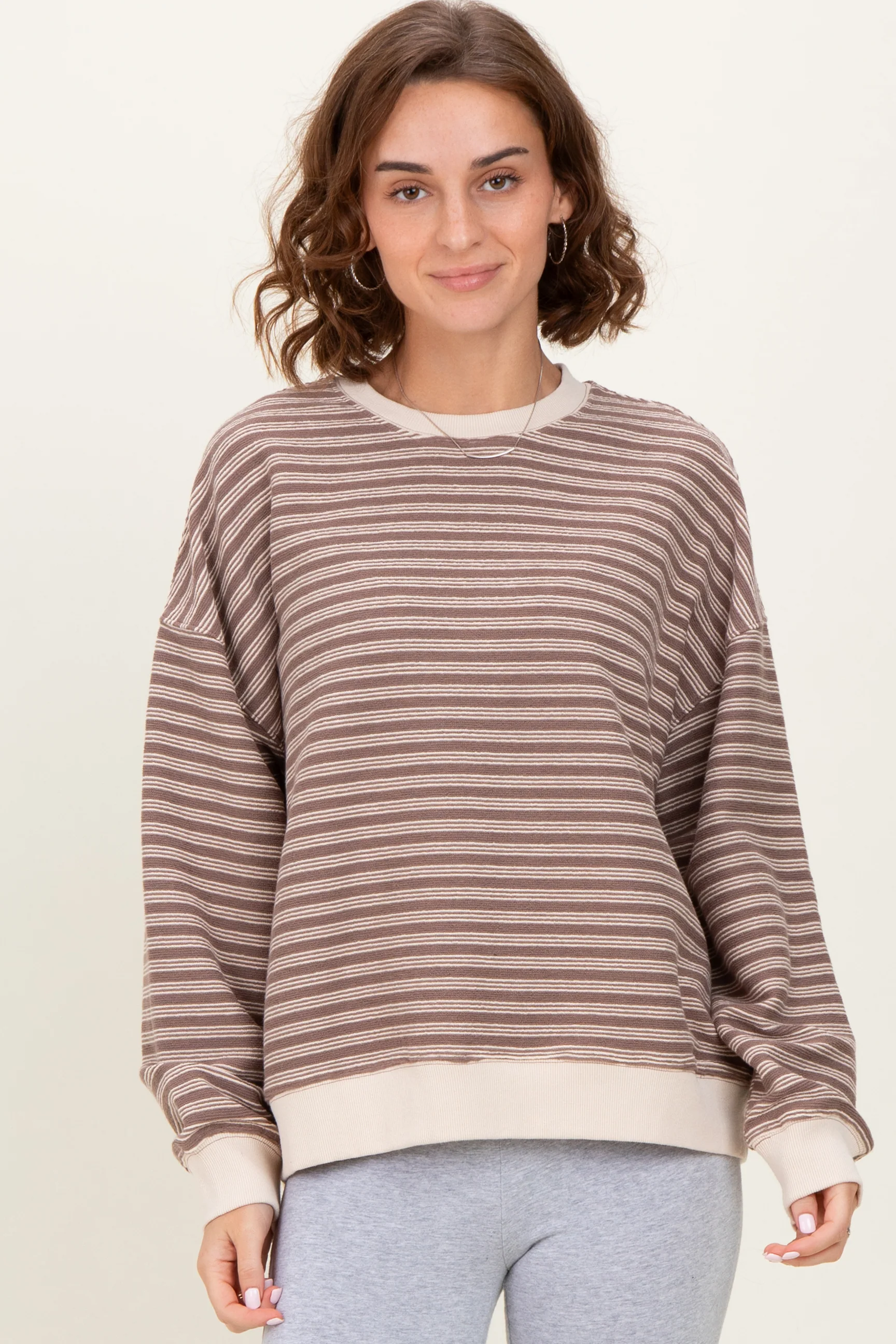 Mocha Striped Knit Relaxed Fit Pullover - Image 3