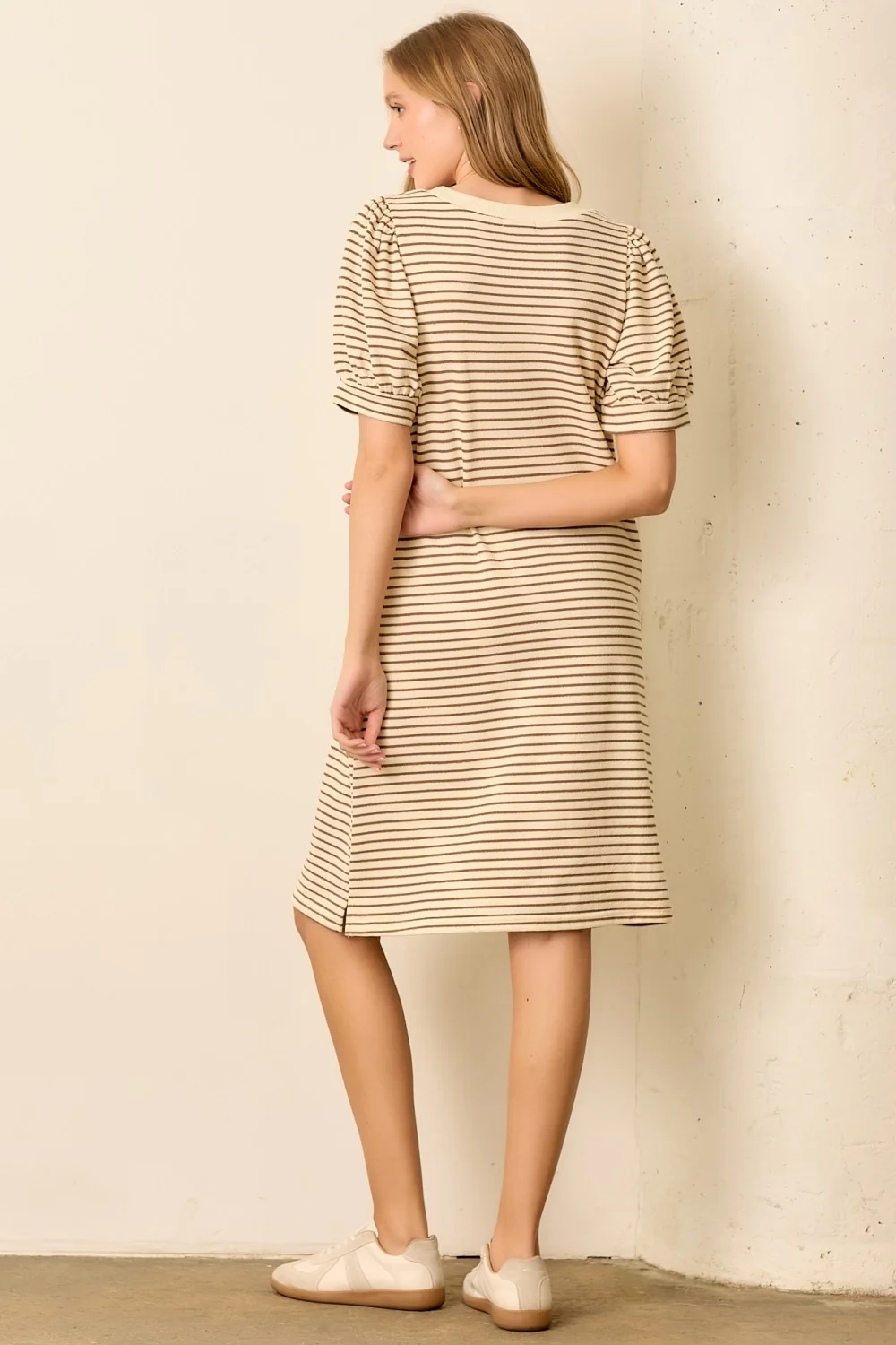 Mocha Striped Puff Sleeve Midi T-Shirt Dress - Image 3