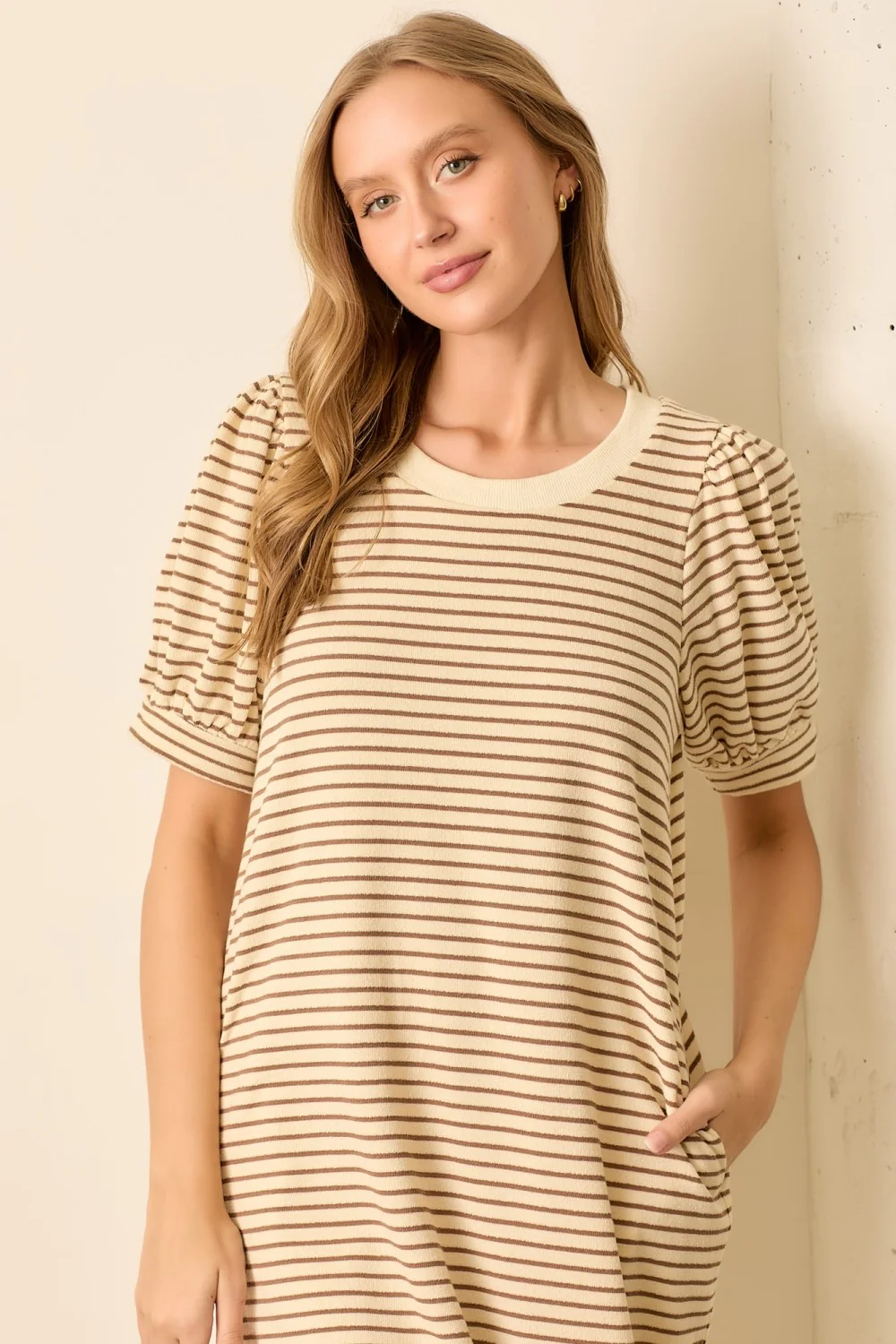 Mocha Striped Puff Sleeve Midi T-Shirt Dress - Image 4