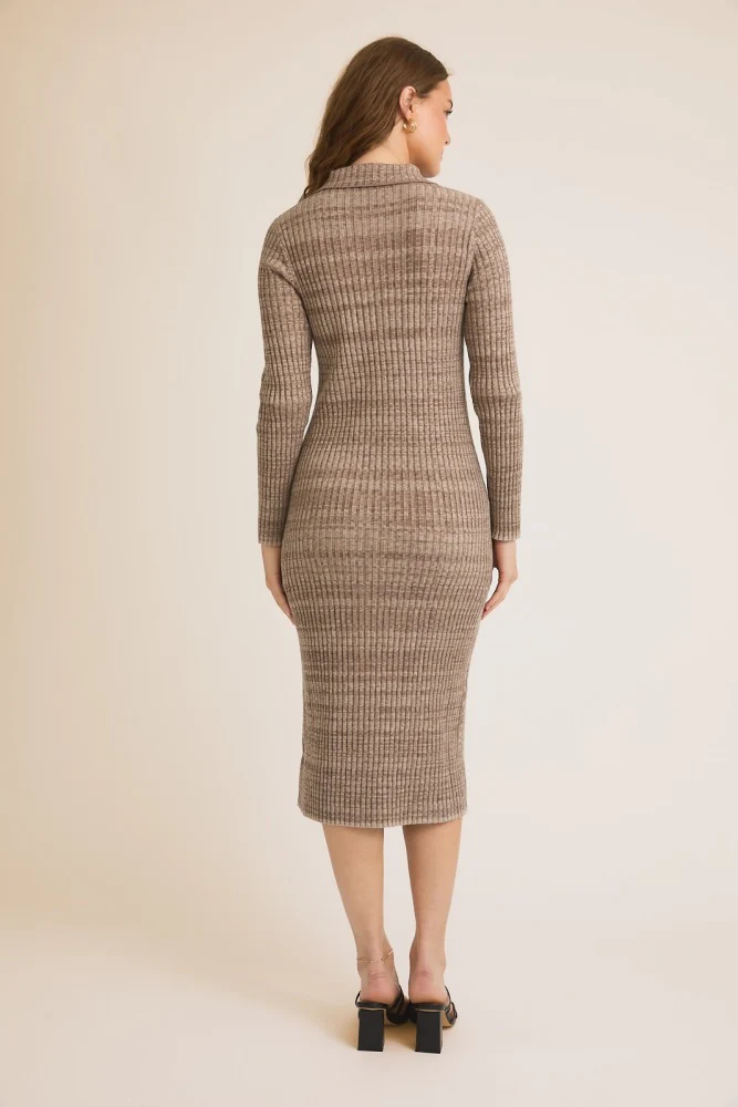 Mocha Striped Rib Knit Polo Sweater Dress - Image 3