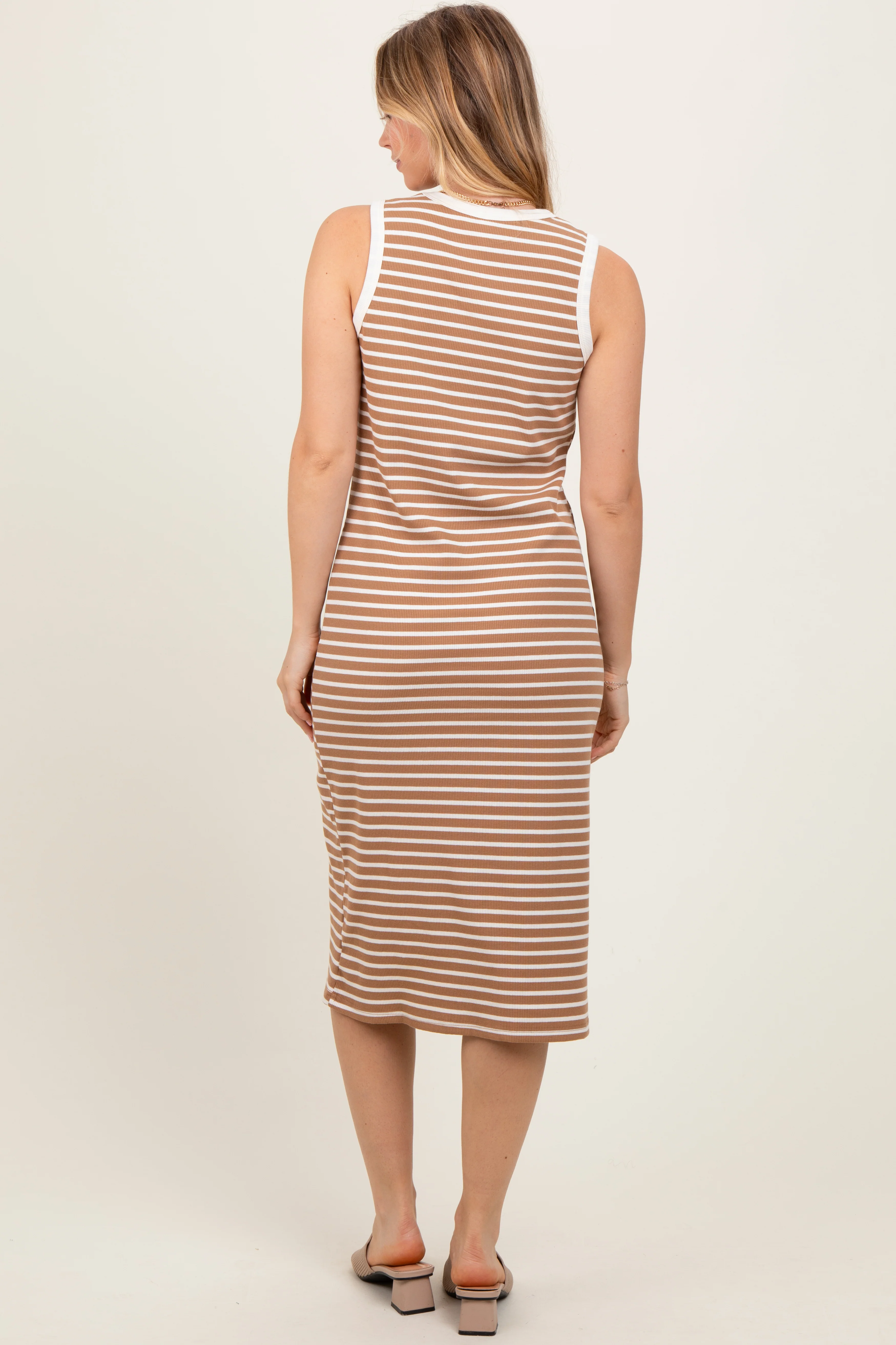 Mocha Striped Ribbed Knit Sleeveless Midi Dress - Image 4
