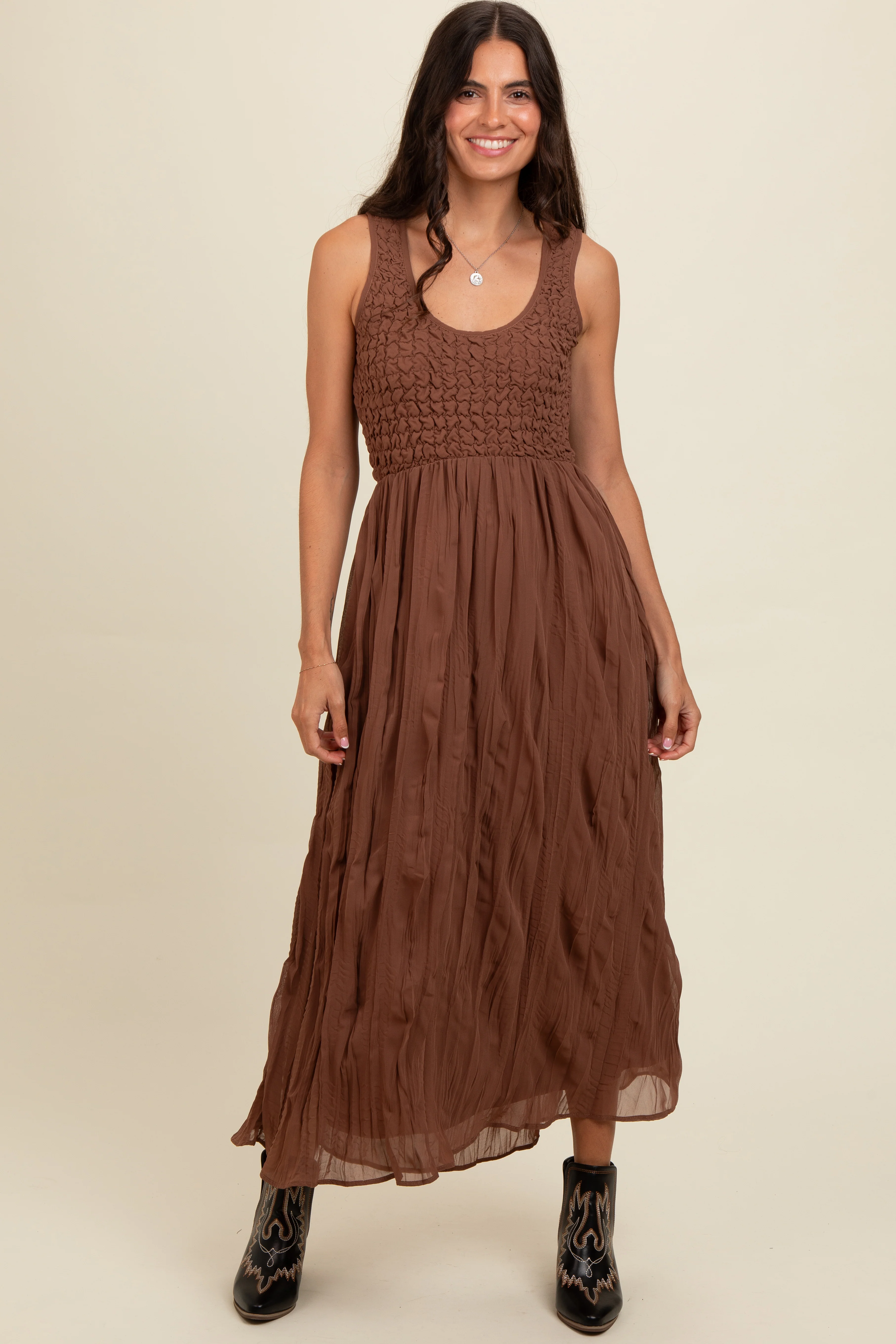 Mocha Textured Smocked Bodice Sleeveless Maternity Maxi Dress - Image 6