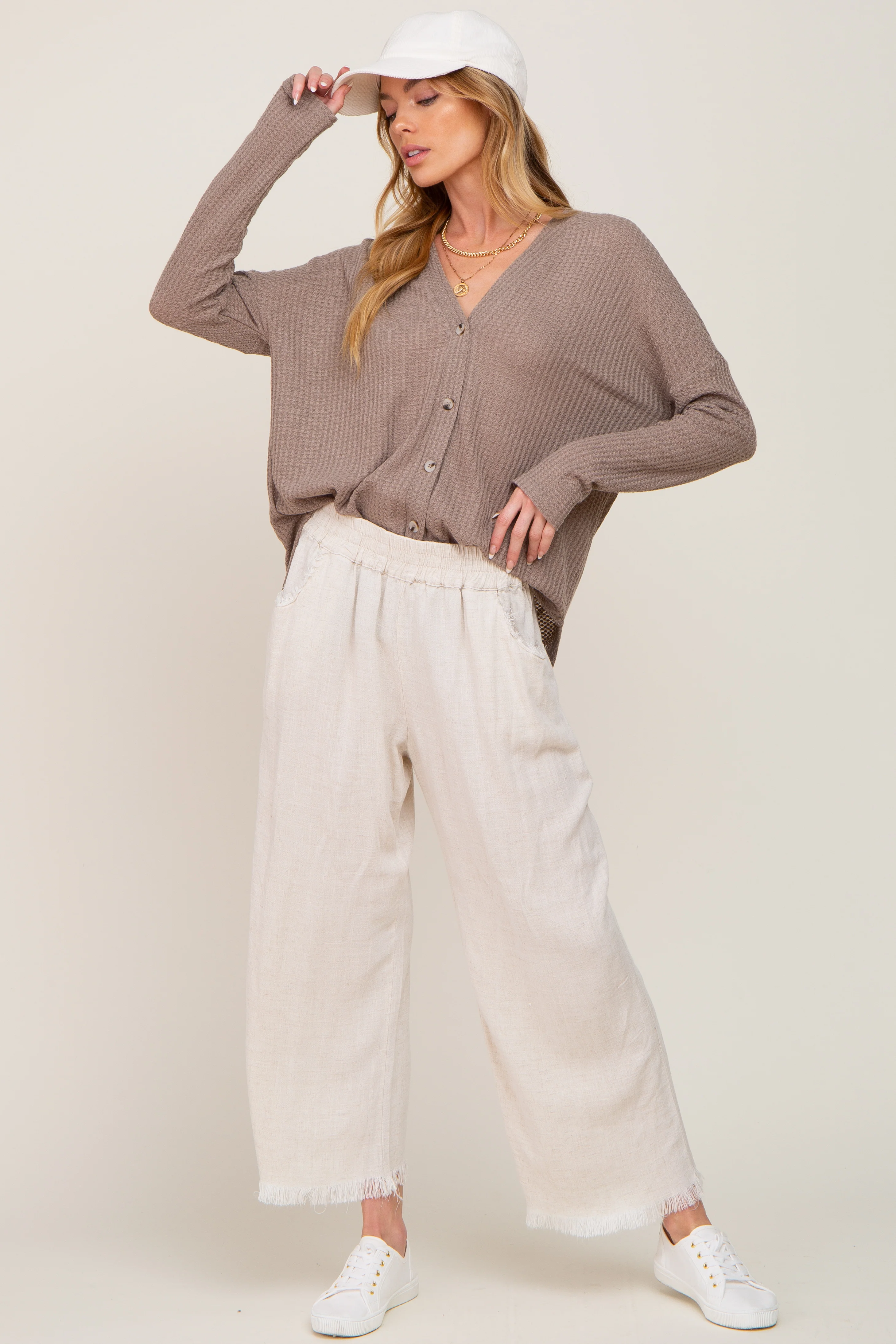 Mocha Waffle Knit Button Down Top - Image 5