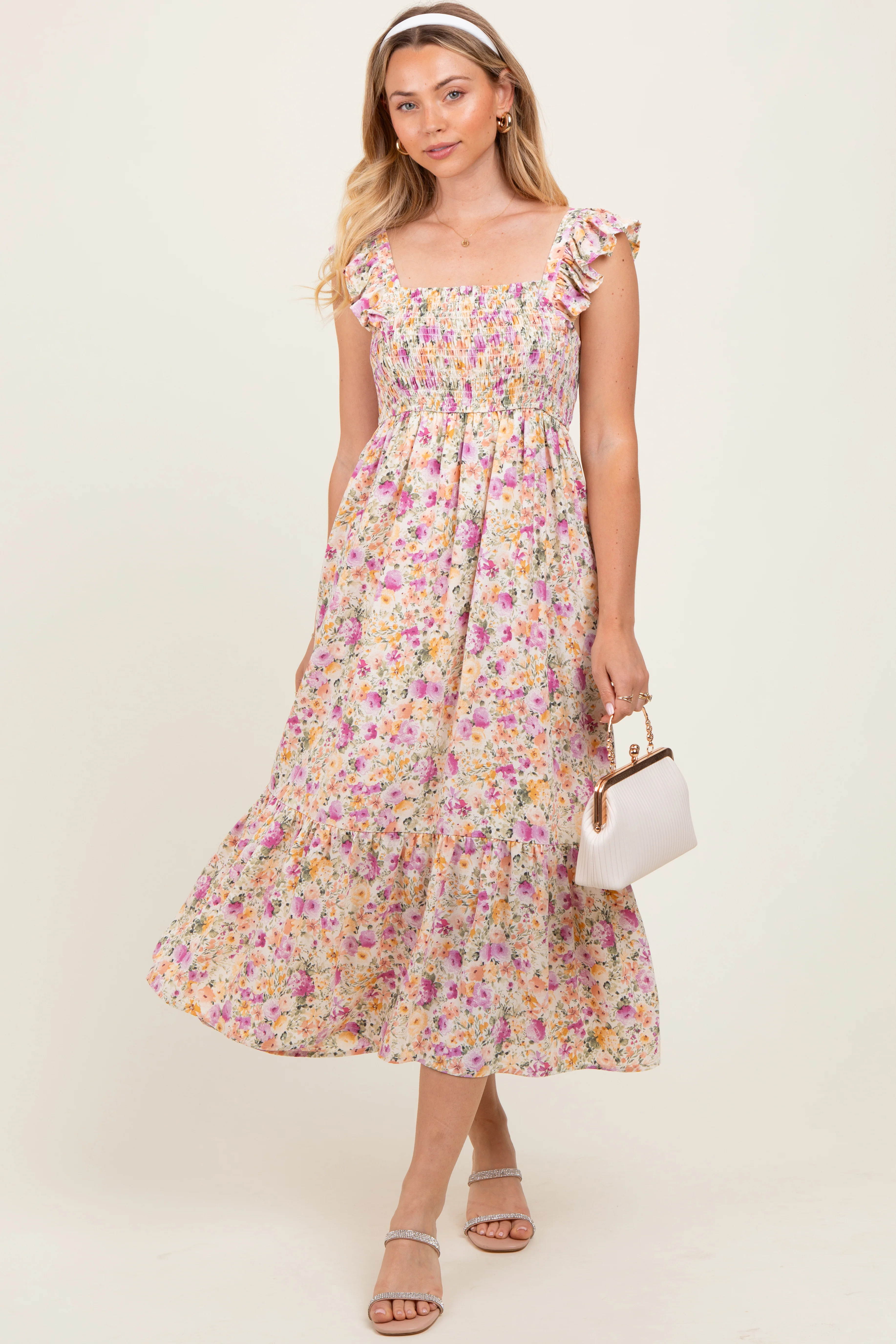 Multi Color Floral Flutter Sleeve Smocked Maternity Midi Dress - Image 5