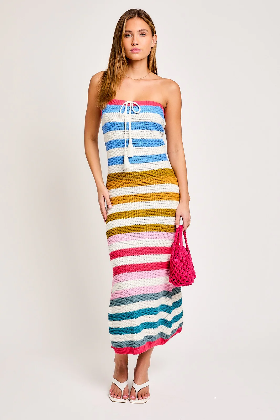 Multi Stripe Strapless Knit Fitted Maternity Midi Dress - Image 5