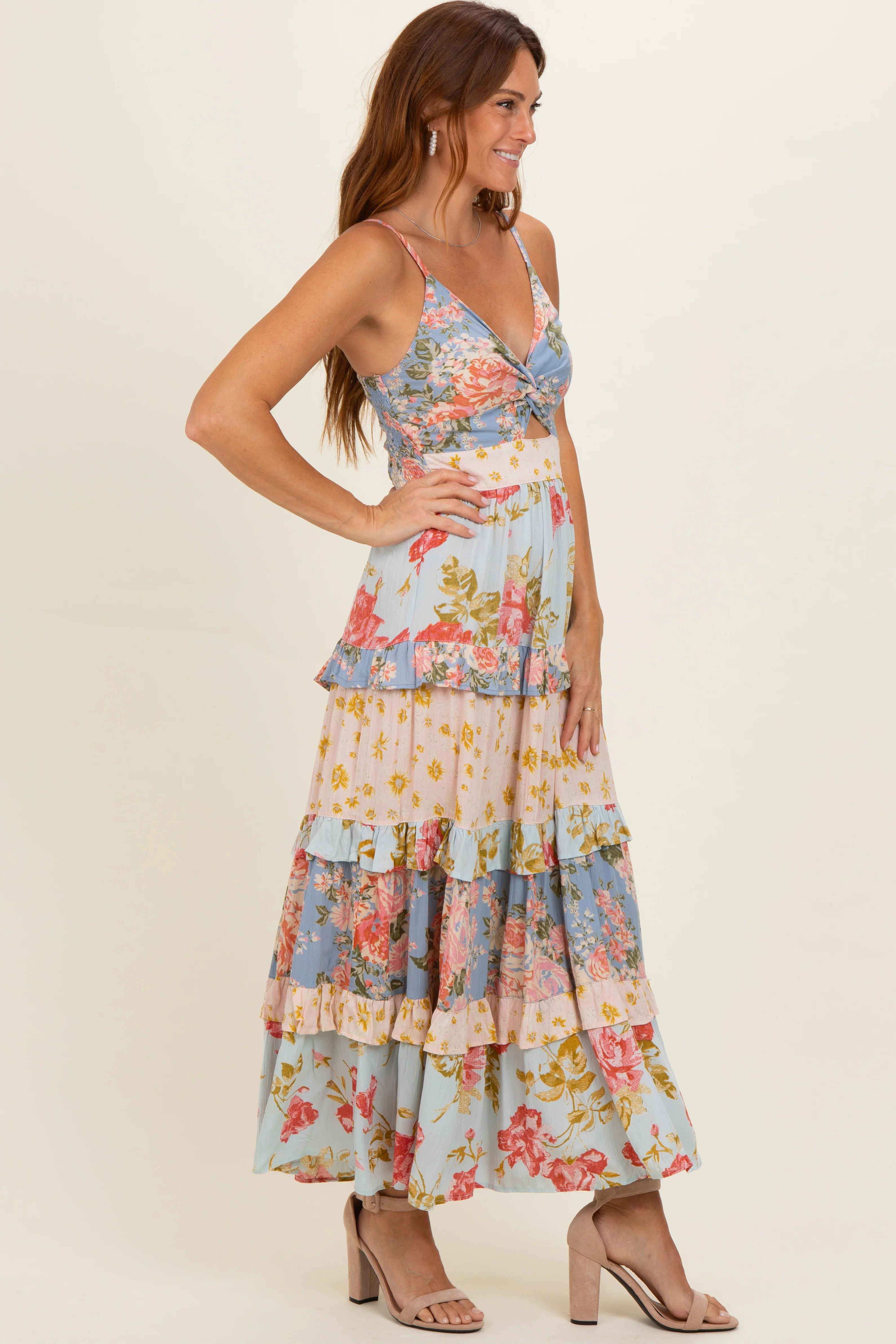Multi V Neck Twist Front Tiered Maxi Dress - Image 2