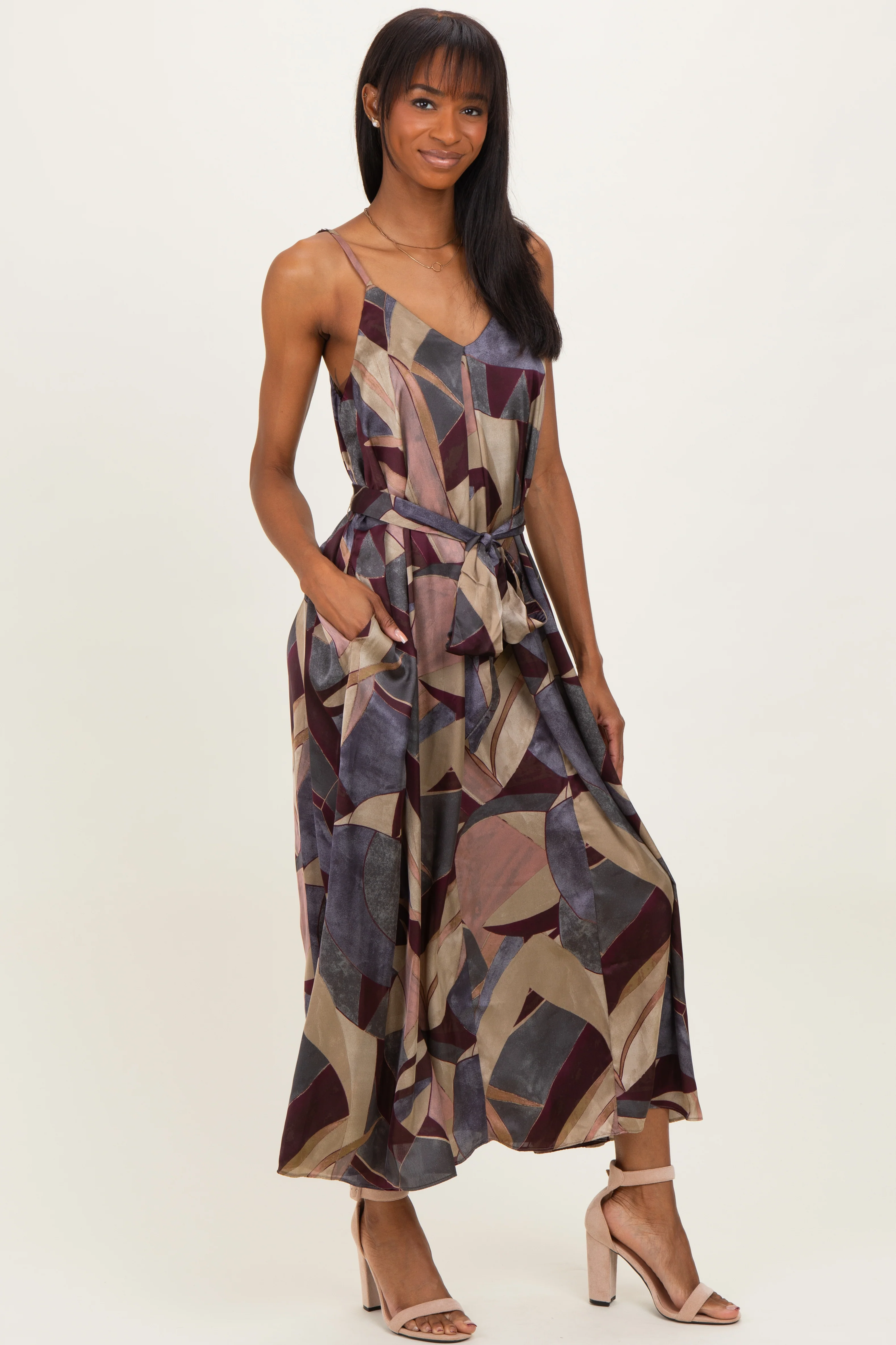 Multicolor Abstract Print Sash Tie Maxi Dress - Image 3