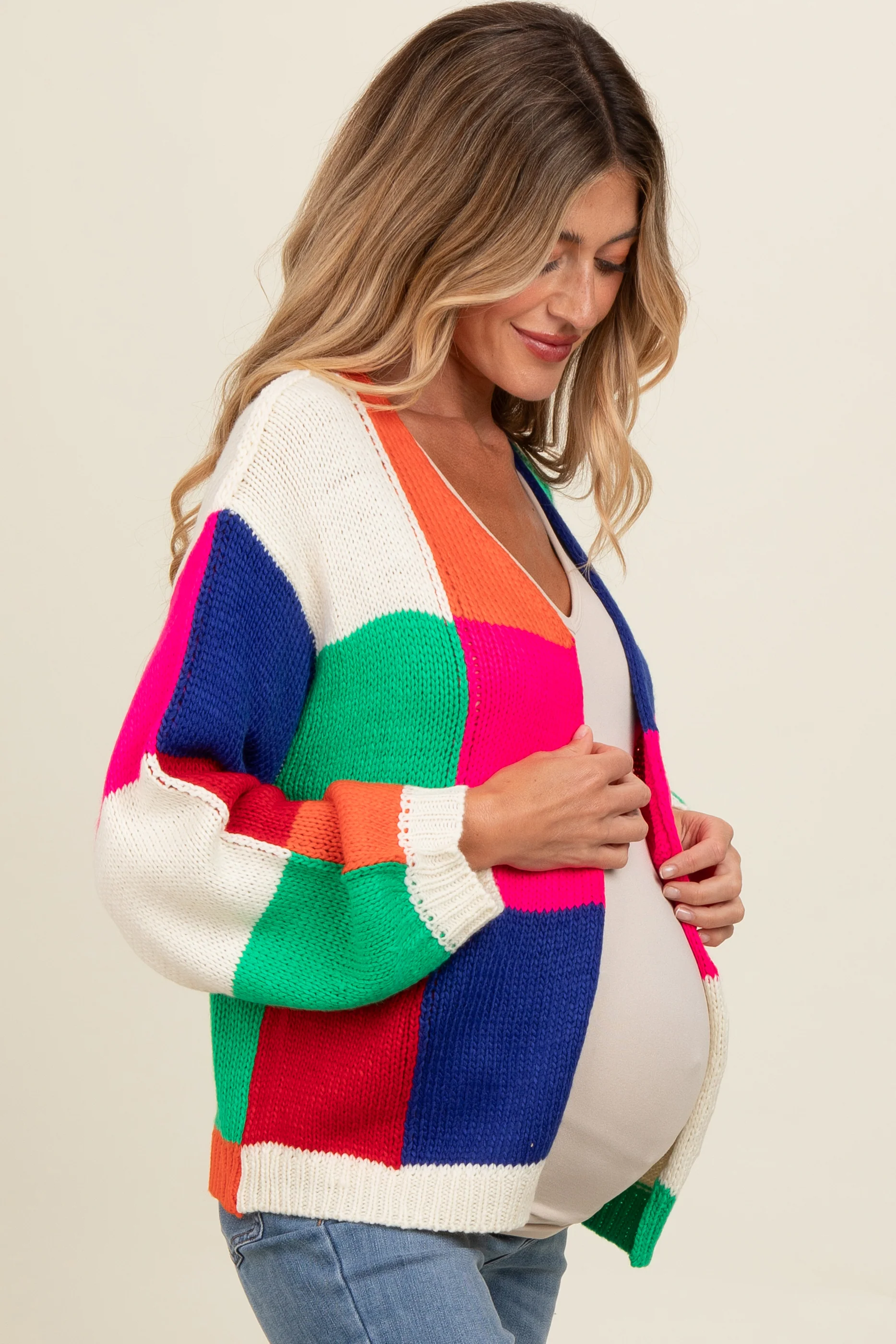 Multicolor Checkered Maternity Cardigan Sweater - Image 3