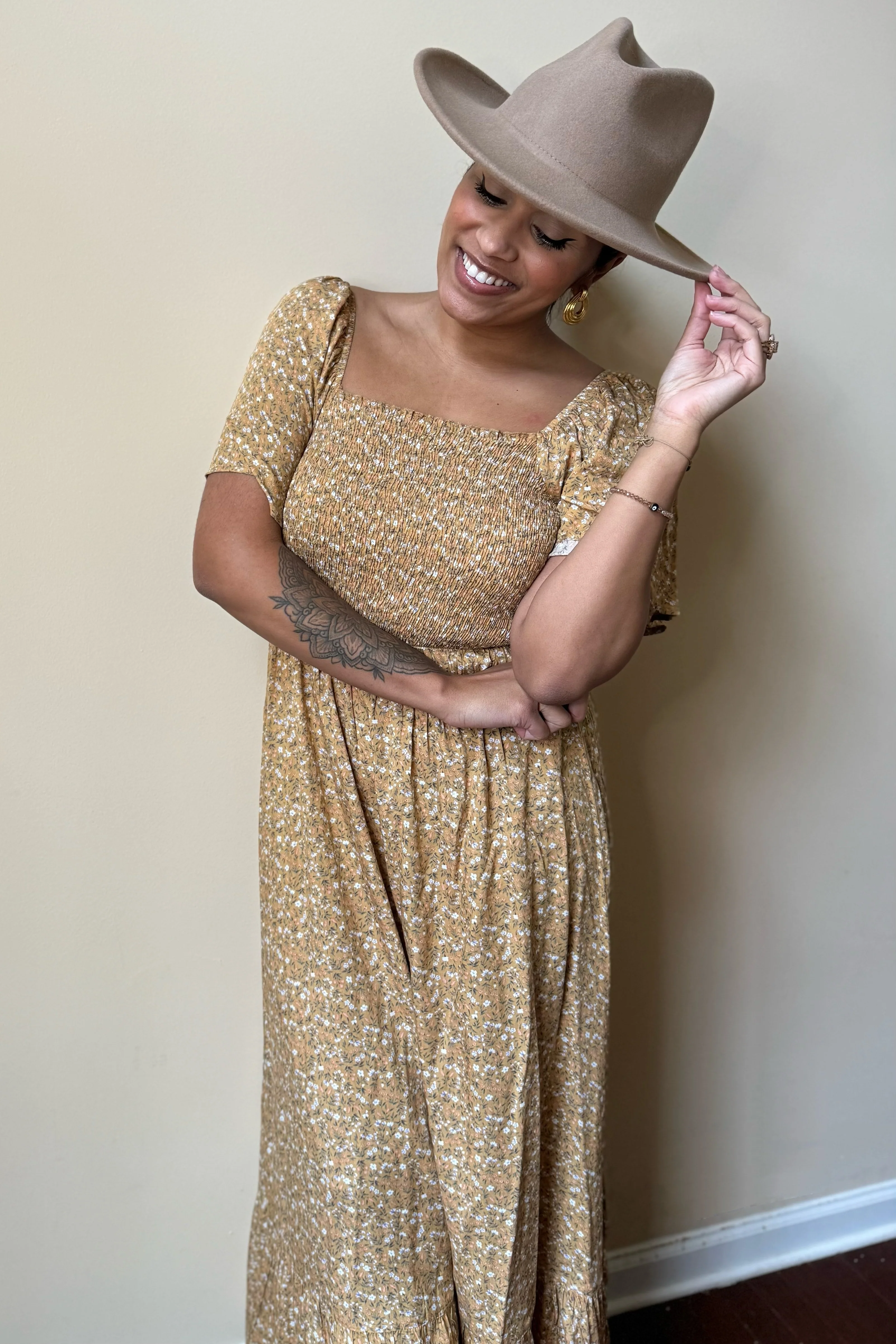 Mustard Floral Smocked Maxi Dress - Image 5