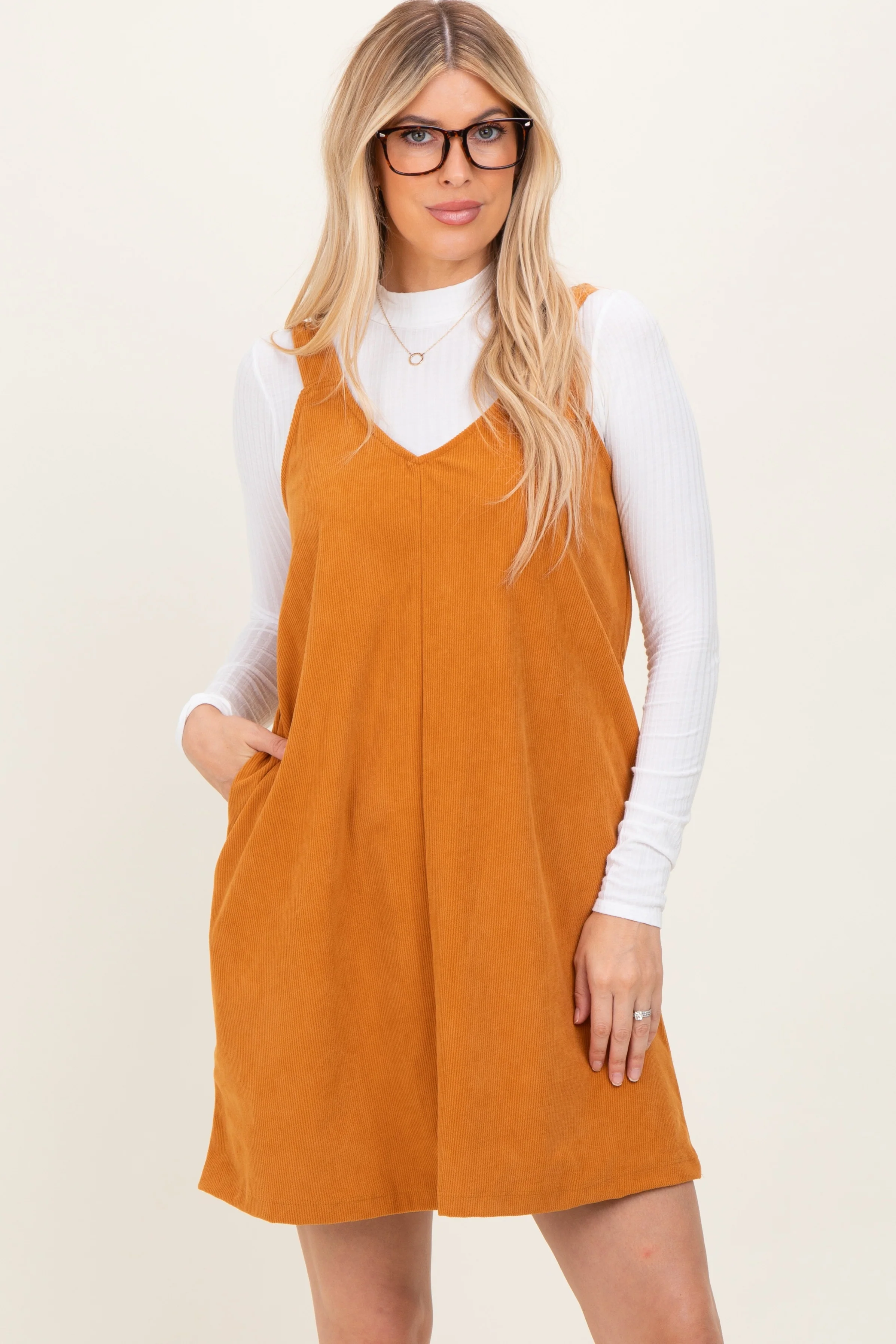 Mustard Solid Corduroy V-Neck A-Line Maternity Mini Dress - Image 5