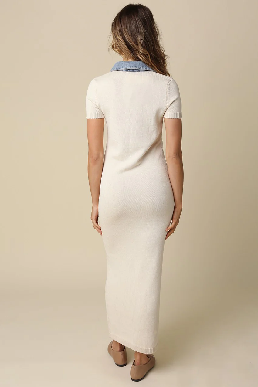 Natural Knit Denim Contrast Collar Maxi Dress - Image 4