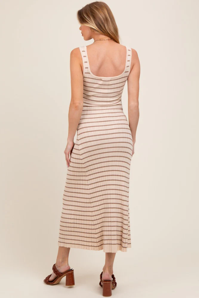 Natural/Mocha Lightweight Rib Fit And Flare Maternity Midi Dress - Image 3