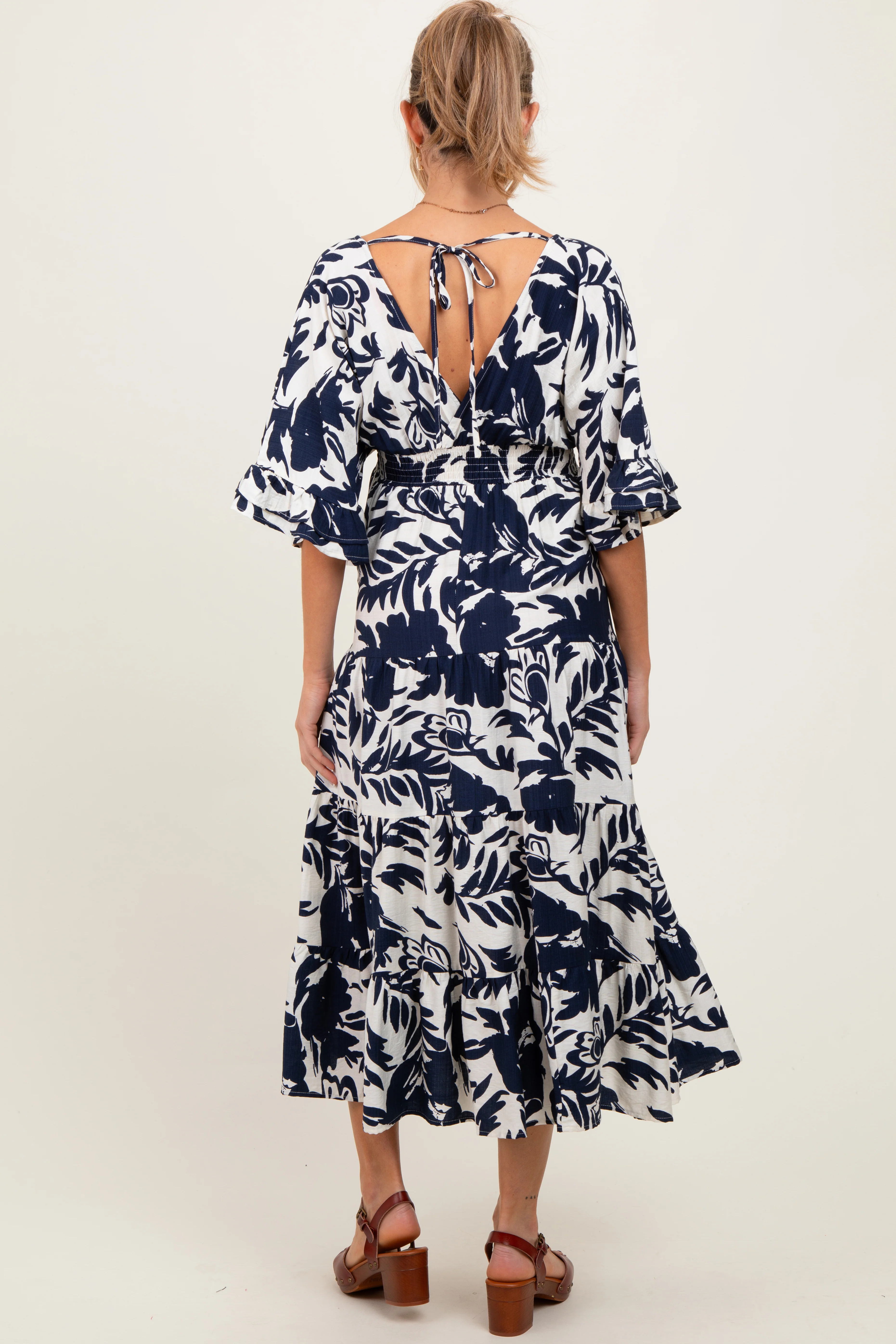 Navy Abstract Floral V-Neck Tiered Maternity Midi Dress - Image 4