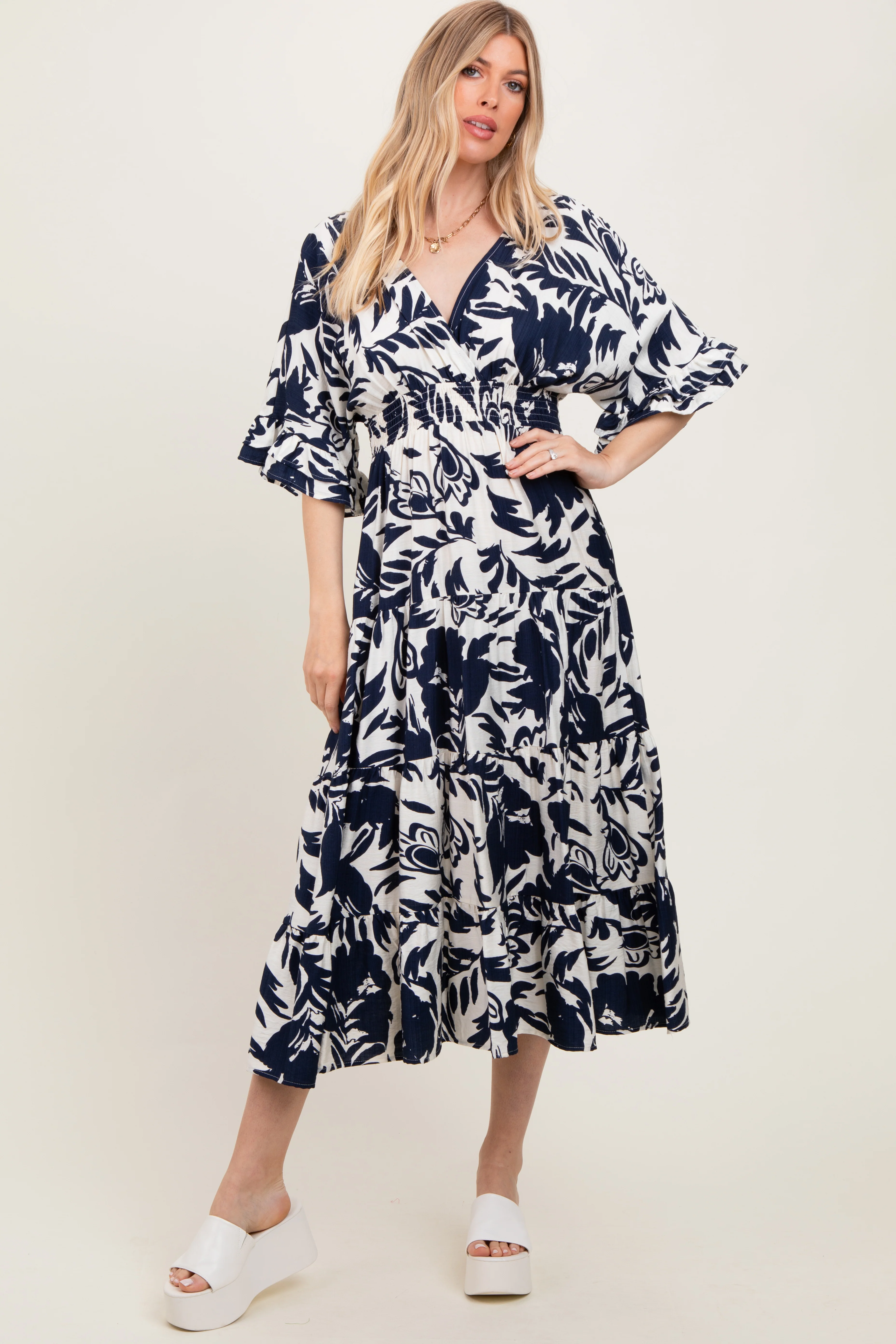 Navy Abstract Floral V-Neck Tiered Midi Dress - Image 2