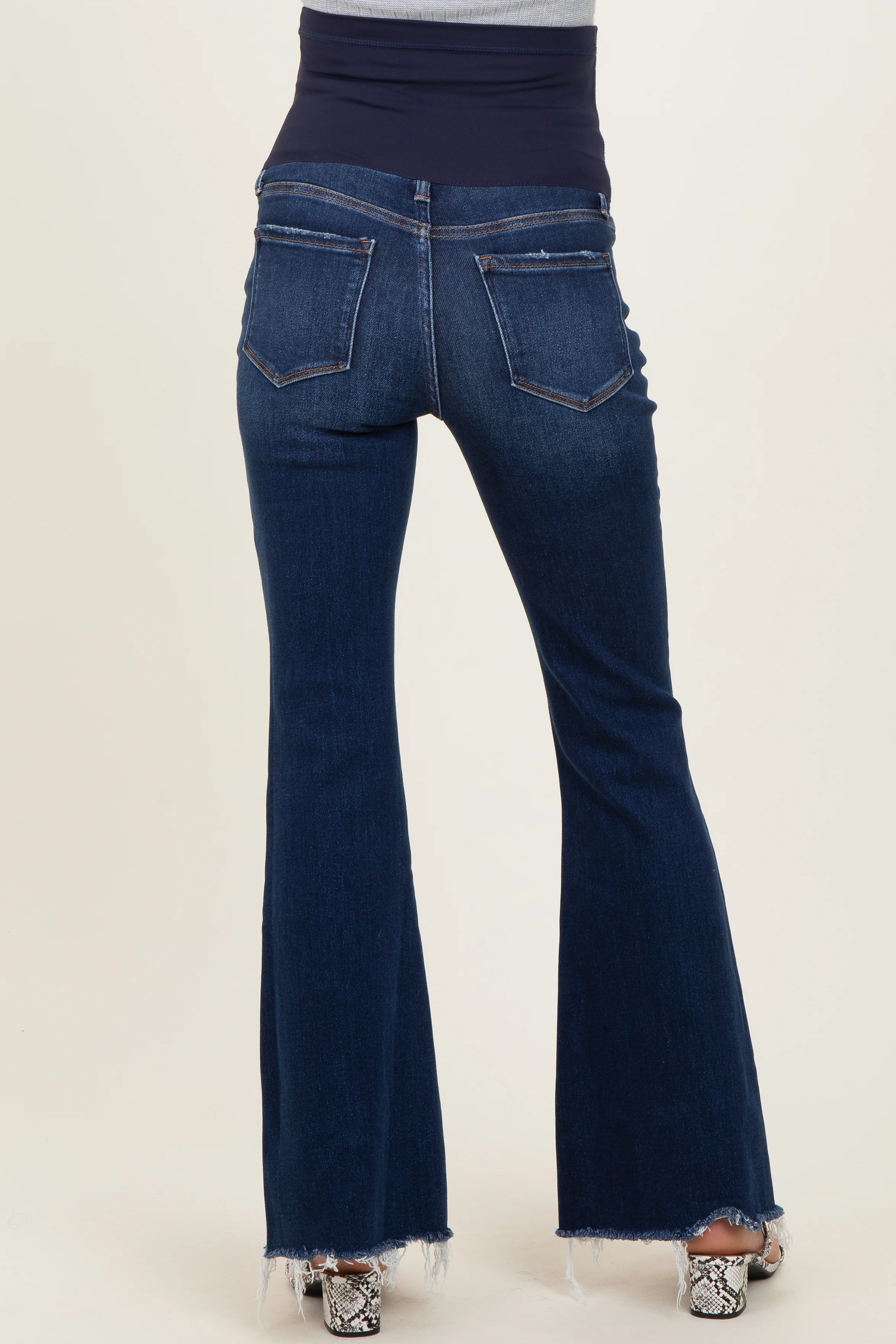 Navy Asymmetrical Frayed Hem Maternity Flare Jeans - Image 5