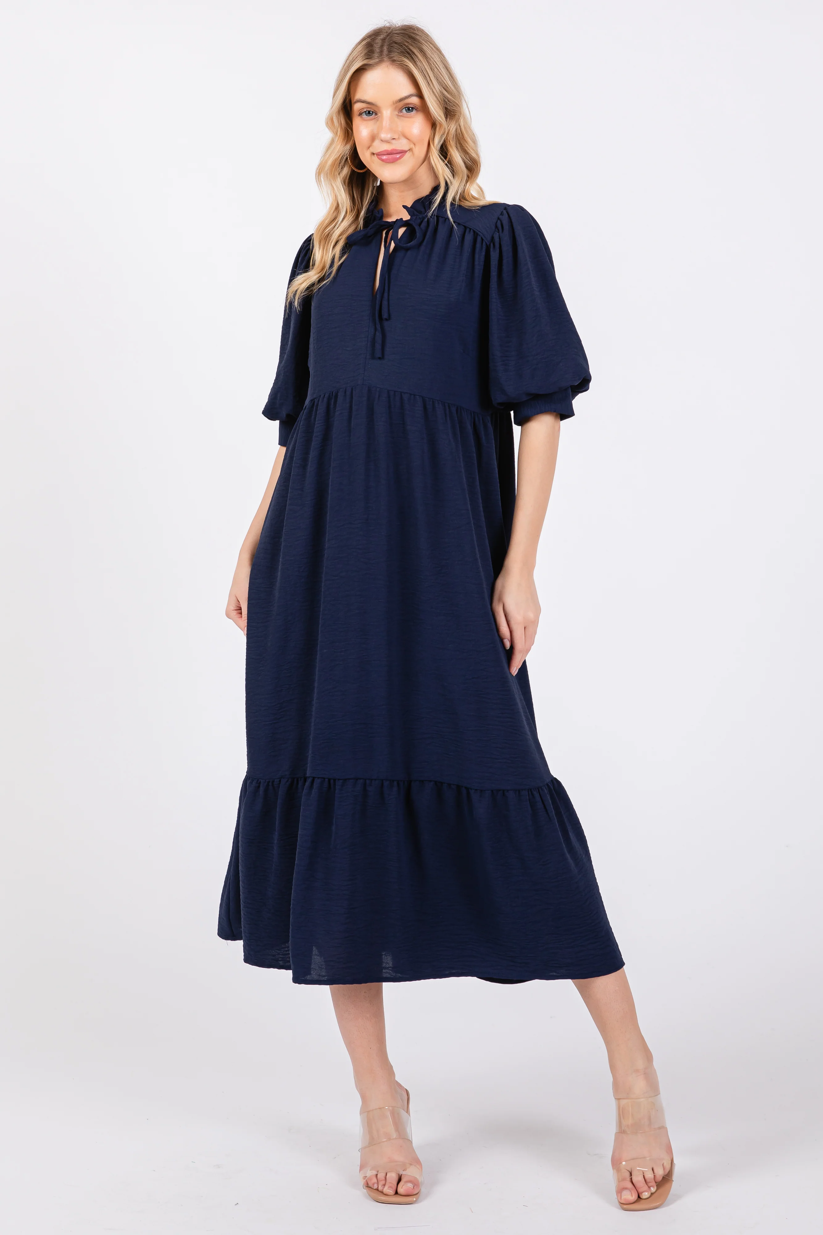 Navy Balloon Sleeve Split Neck Maternity Midi Dress - Image 3