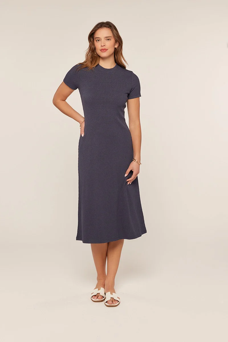 Navy Basic Ribbed Knit Midi Dress - Image 2