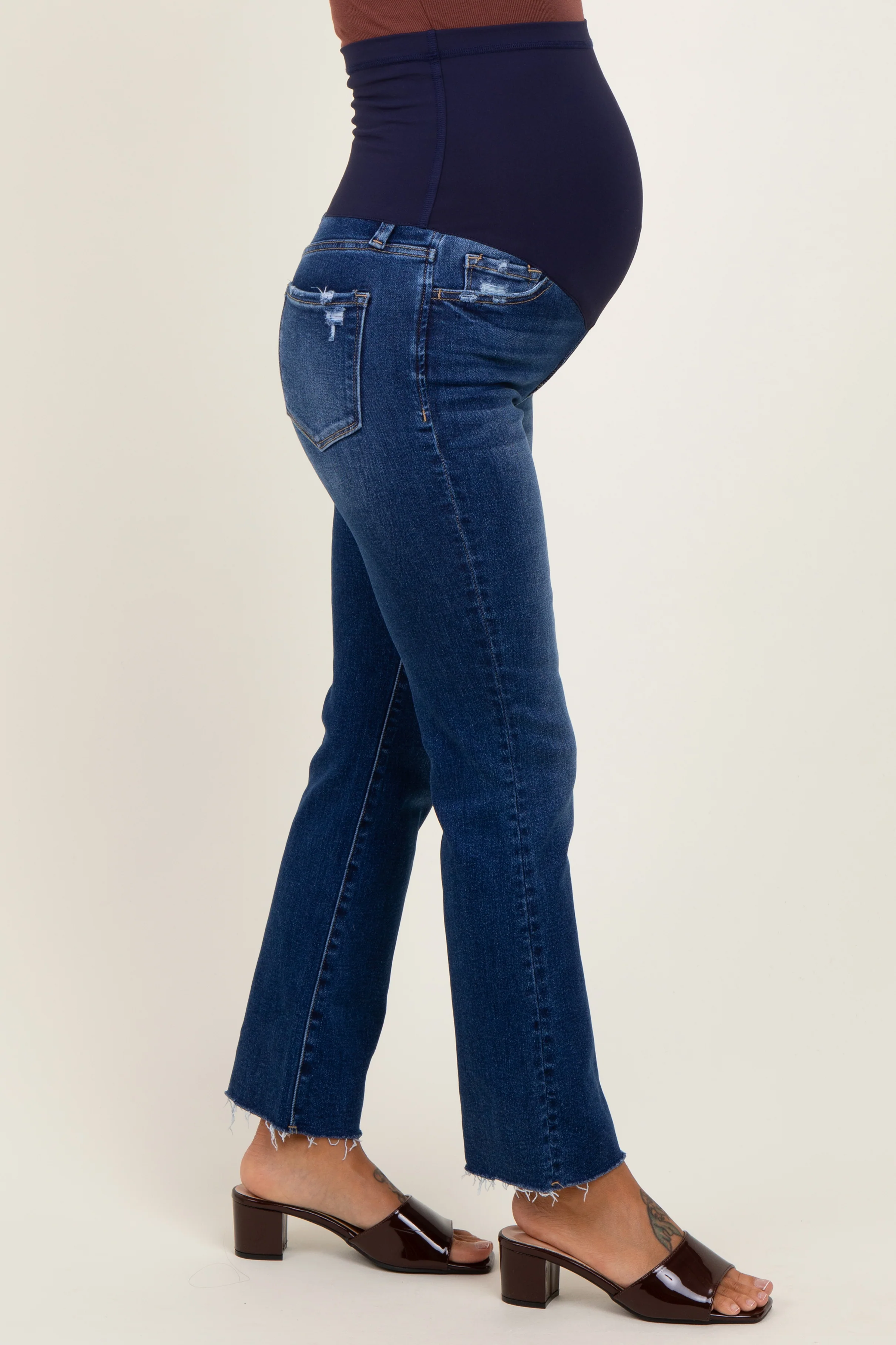 Navy Blue Cut Hem Kick Flare Maternity Jeans - Image 4