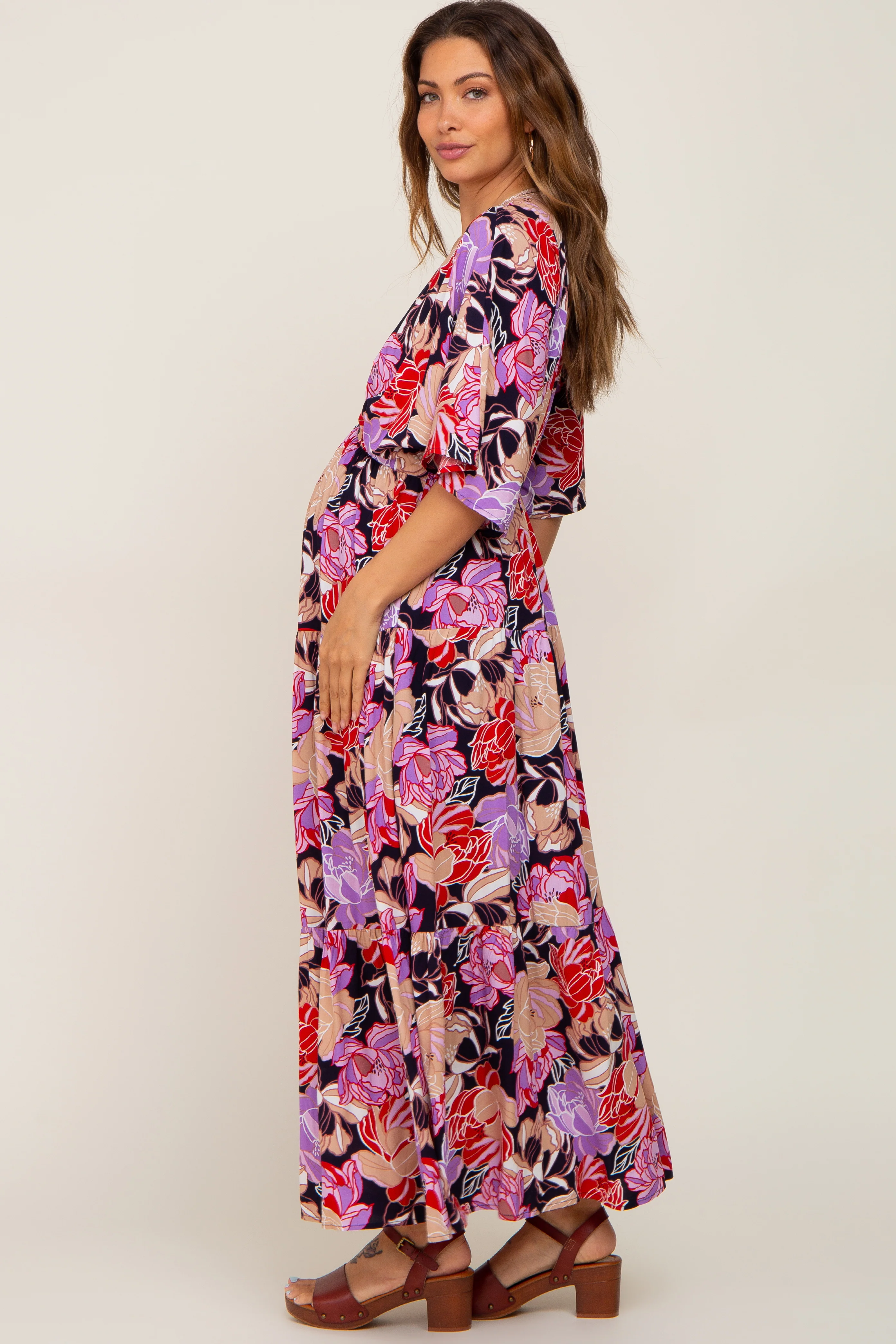 Navy Blue Floral Deep V-Neck Tiered Maternity Maxi Dress - Image 3