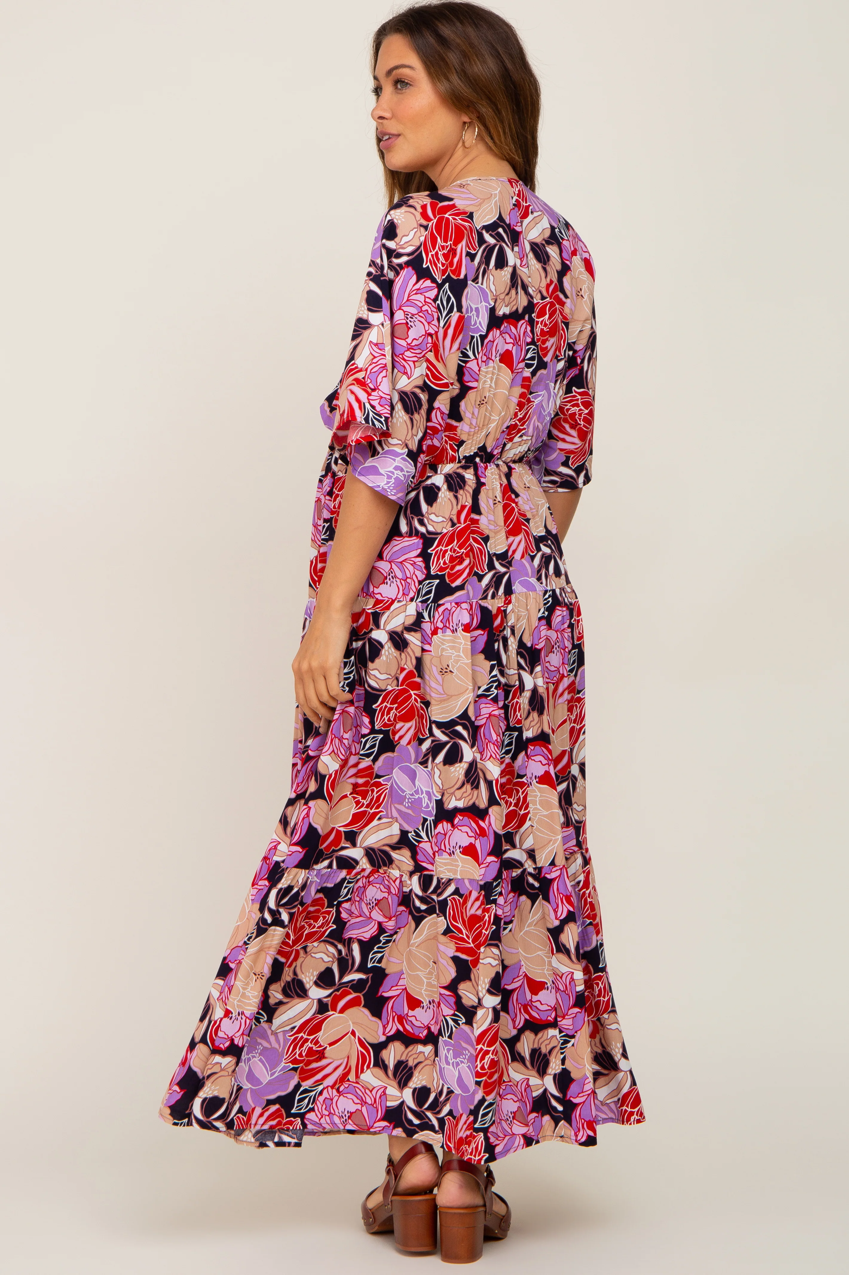 Navy Blue Floral Deep V-Neck Tiered Maternity Maxi Dress - Image 4