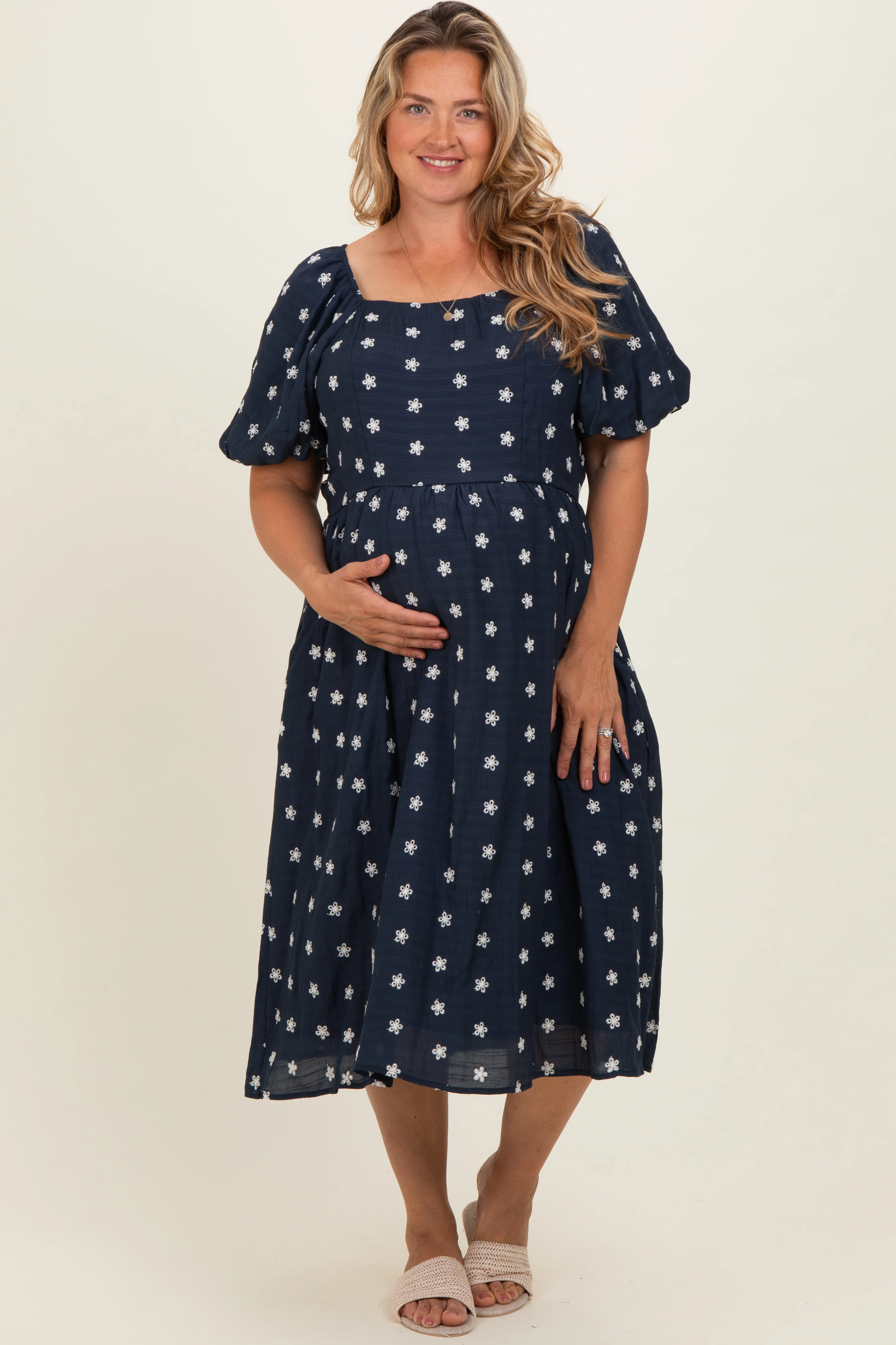 Navy Blue Floral Embroidered Short Sleeve Maternity Plus Dress - Image 2