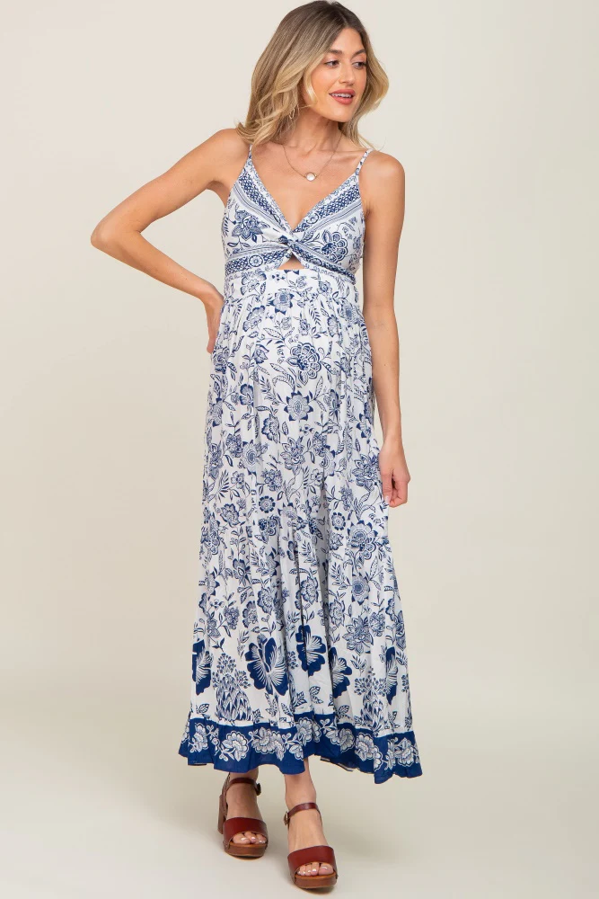 Navy Blue Floral Front Twist Maternity Maxi Dress - Image 5