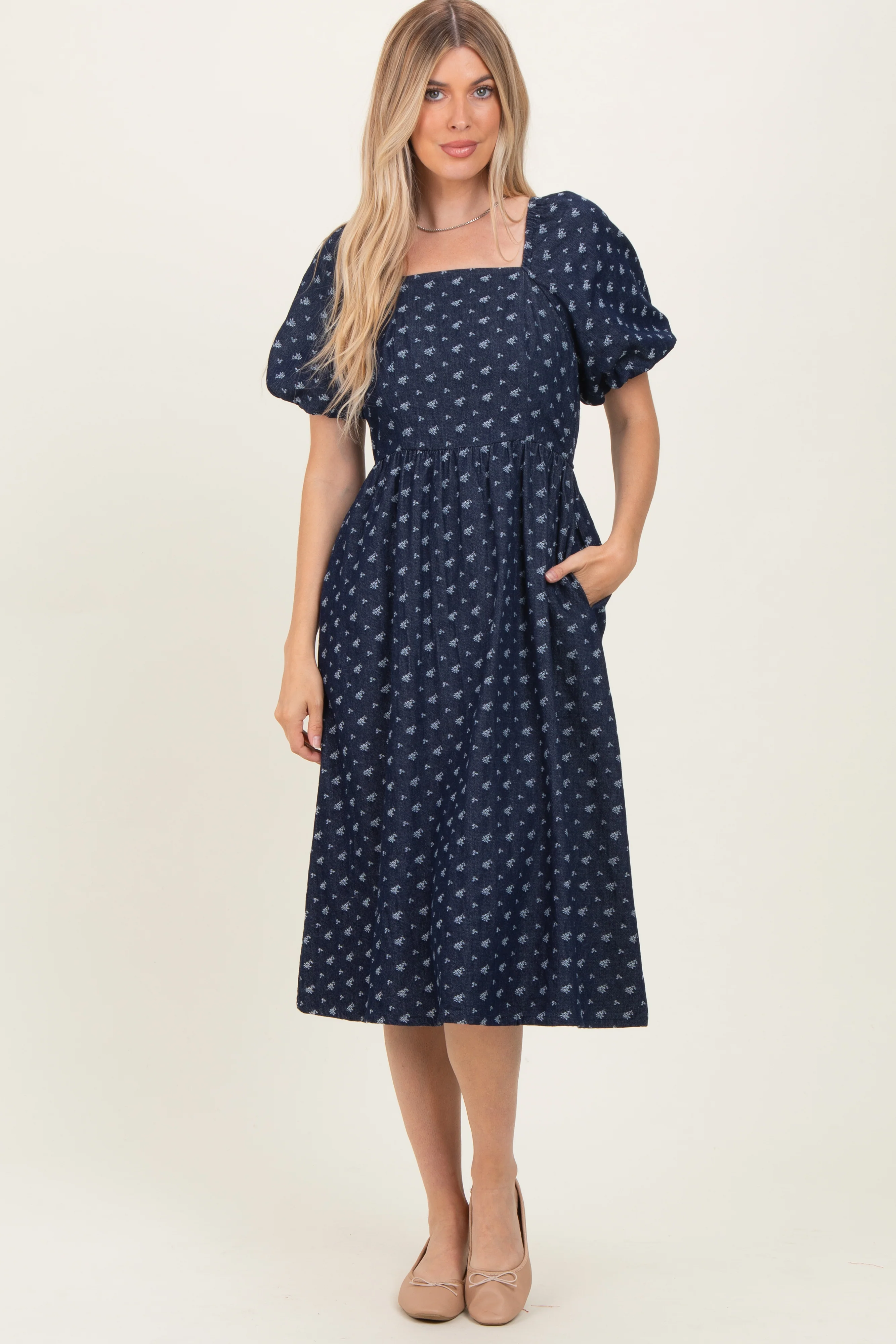 Navy Blue Floral Jacquard Denim Dress - Image 2