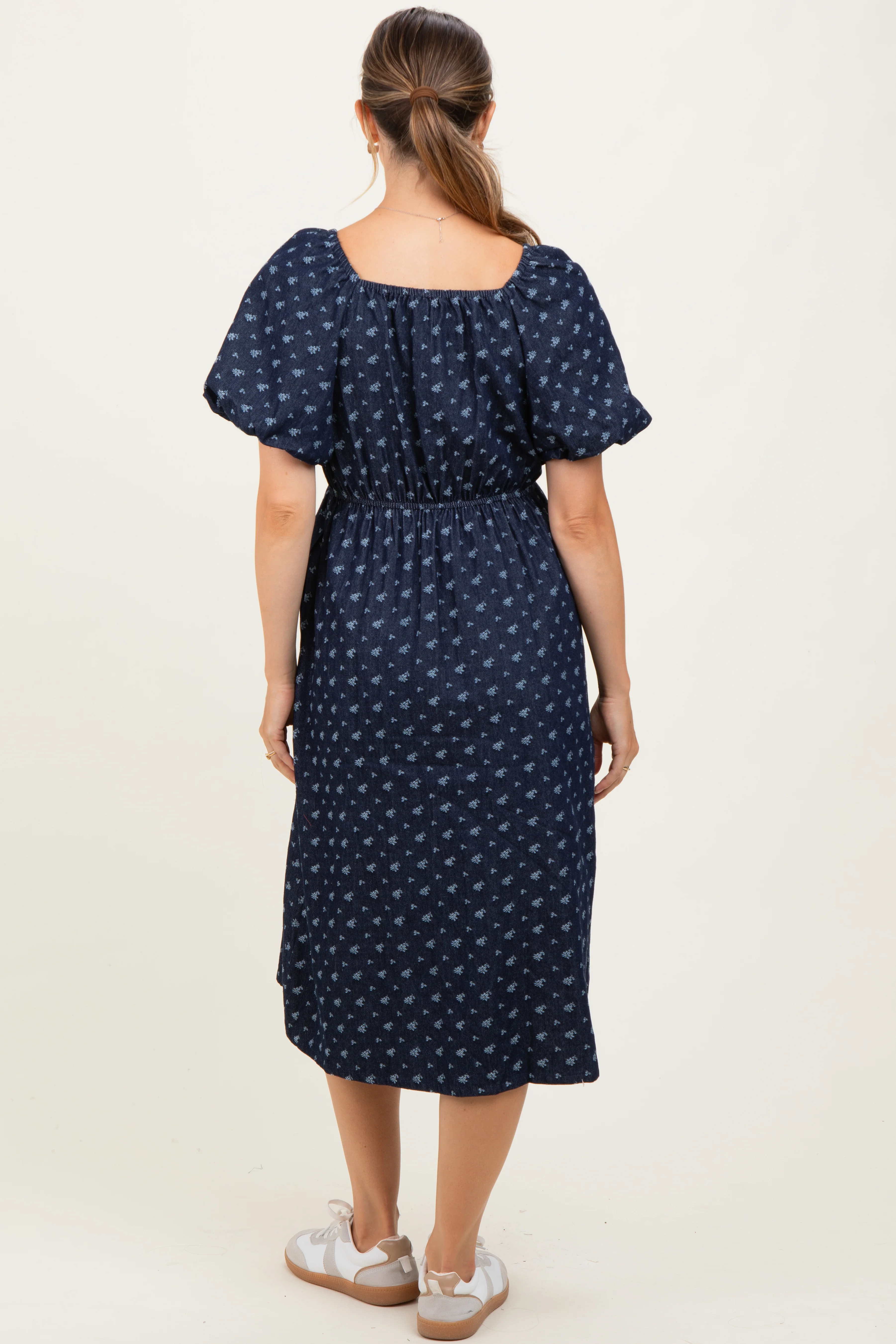 Navy Blue Floral Jacquard Denim Maternity Dress - Image 3