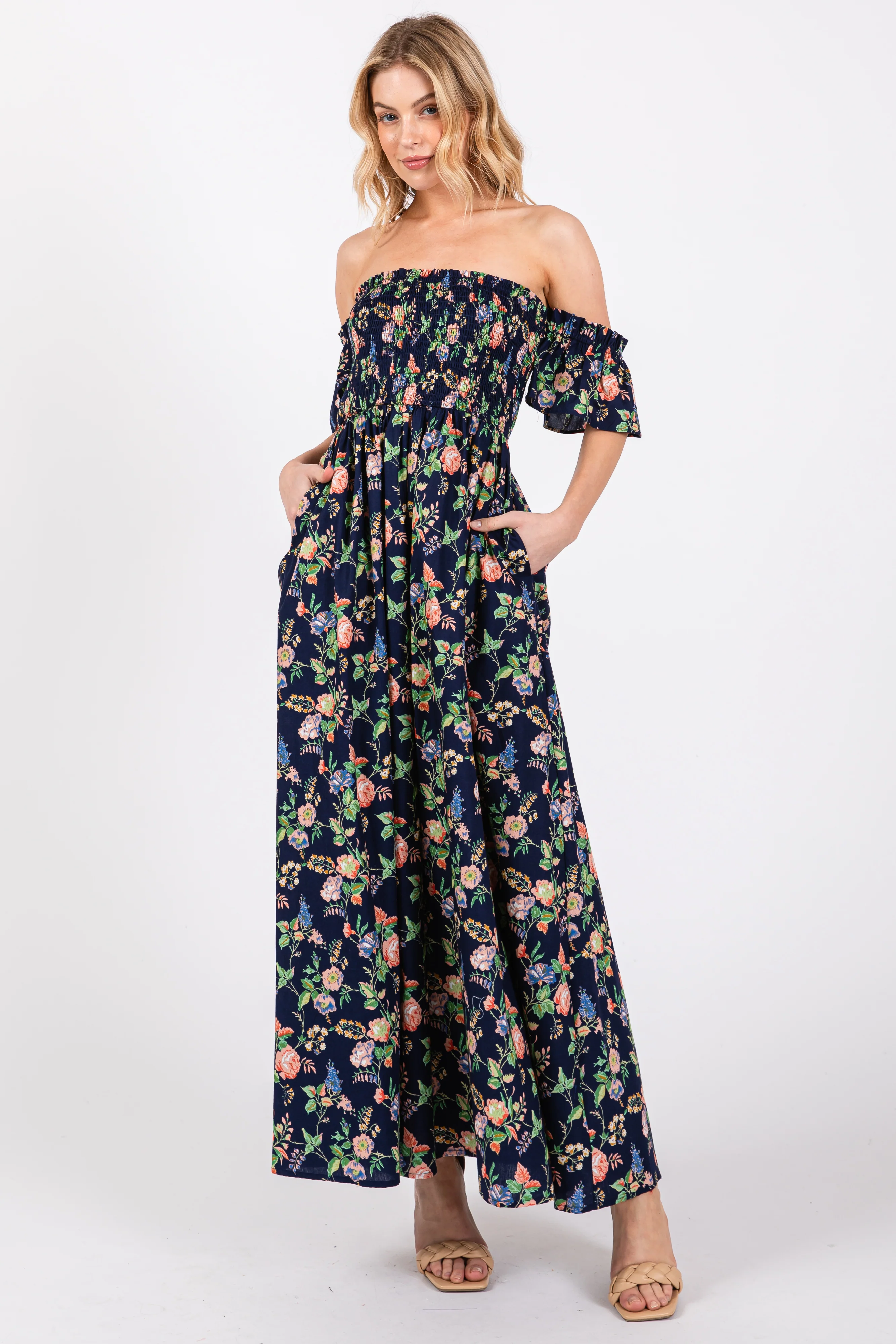 Navy Blue Floral Off Shoulder Maternity Dress - Image 4