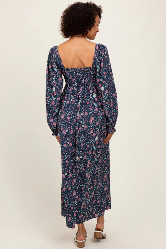 Navy Blue Floral Pleated Bust Long Sleeve Maxi Dress - Image 3