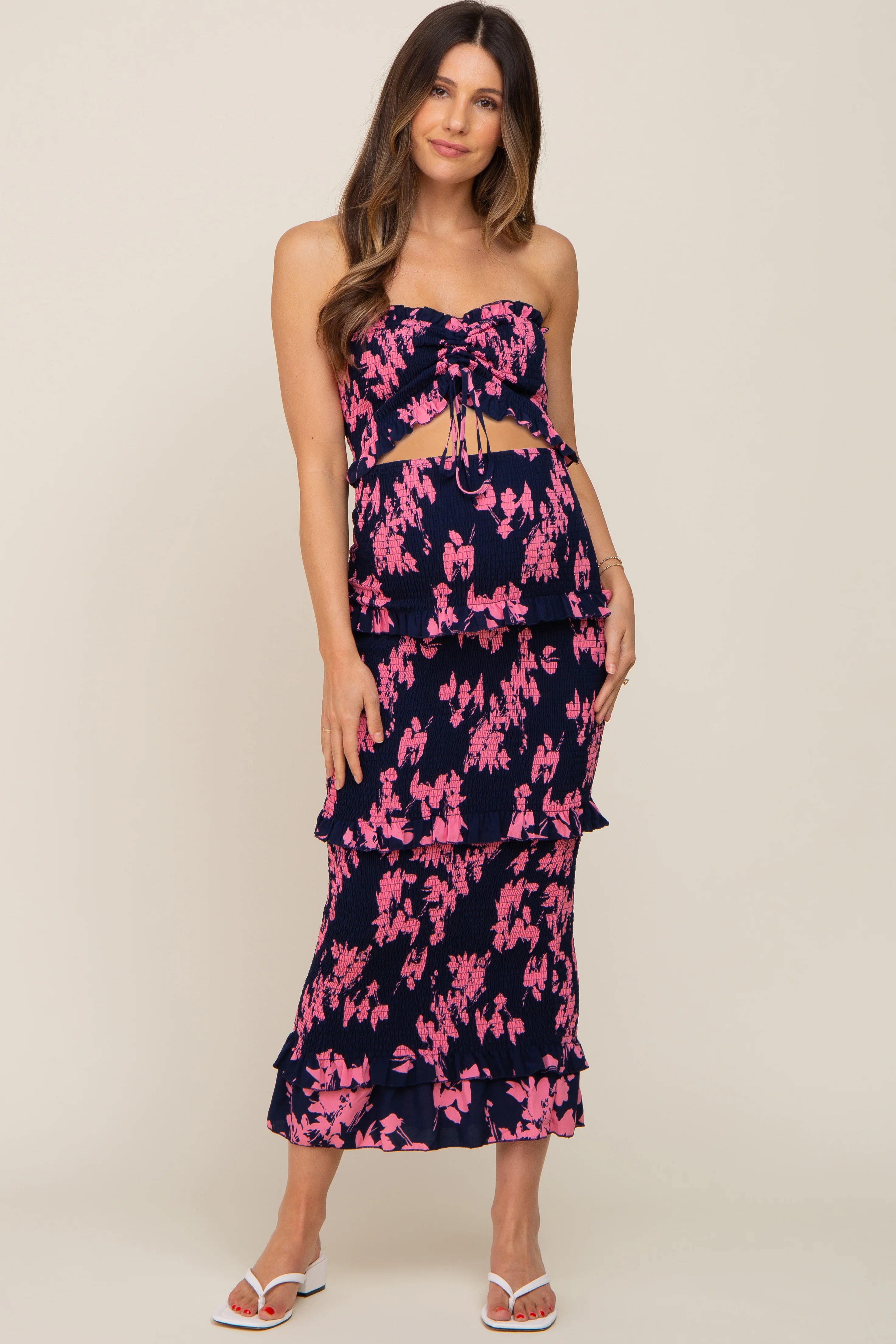 Navy Blue Floral Smocked Drawstring Front Cutout Ruffle Trim Maternity Midi Dress - Image 5