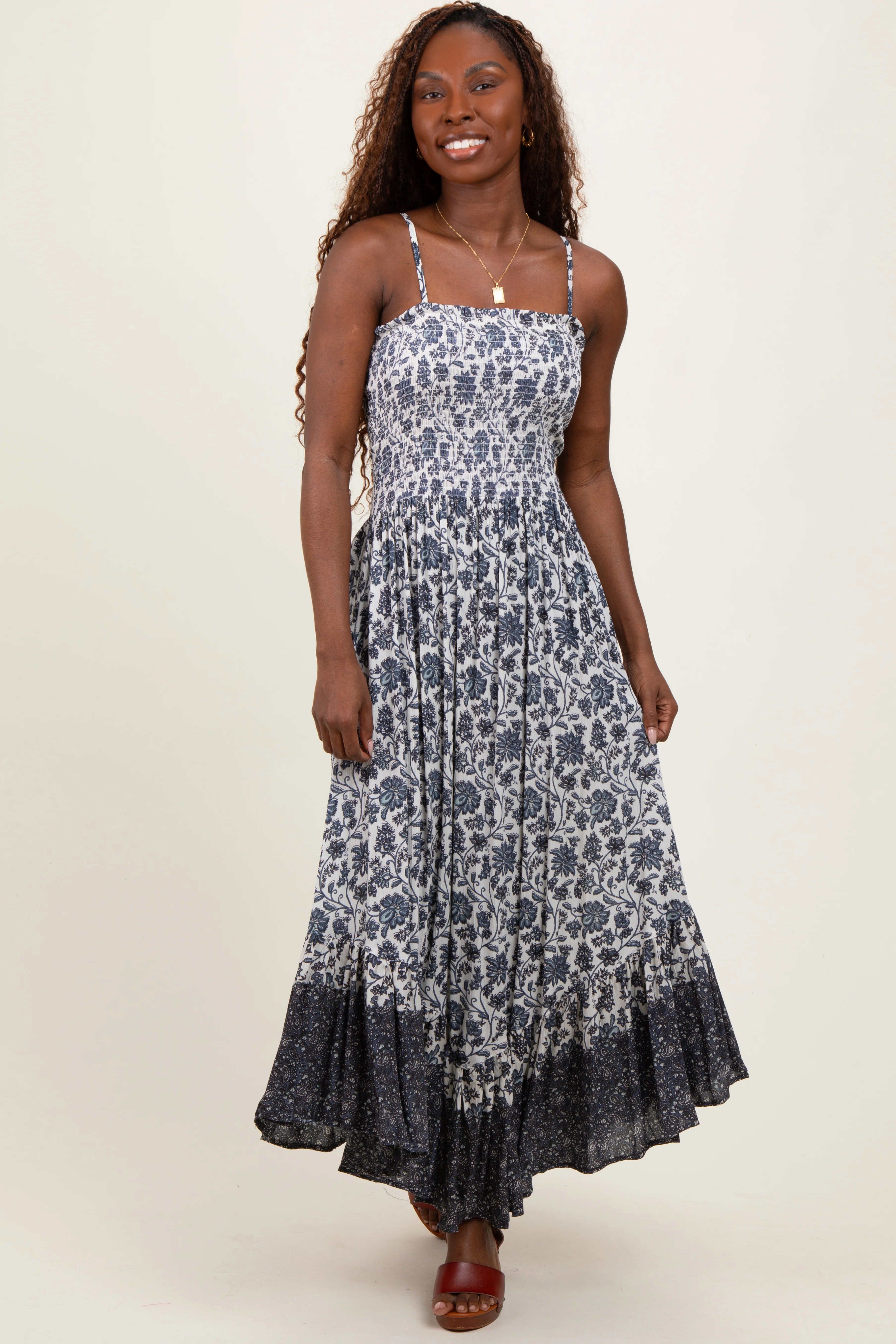 Navy Blue Floral Smocked Handkerchief Hem Maternity Maxi Dress - Image 4