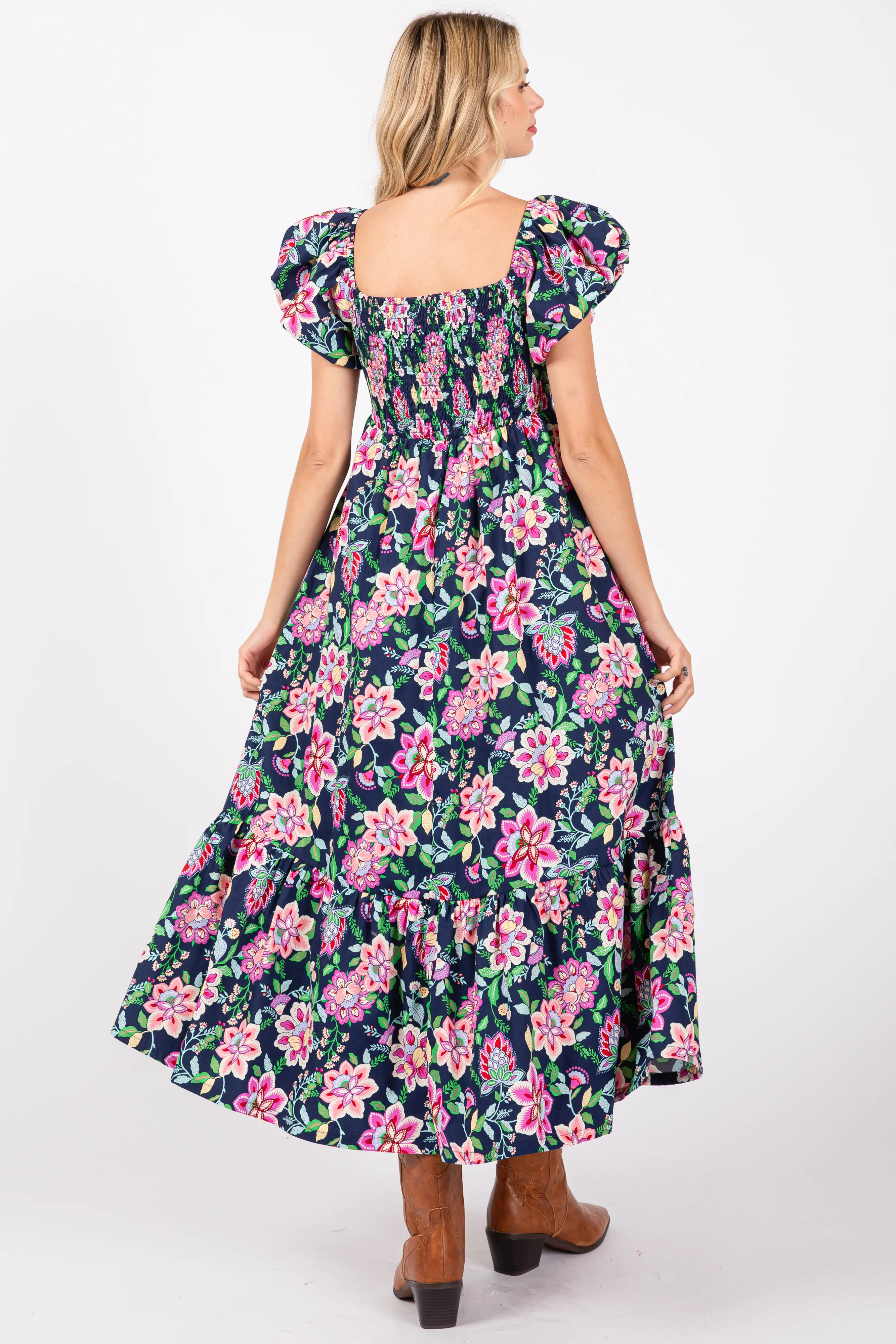 Navy Blue Floral Square Neck Puffy Sleeves Dress - Image 3