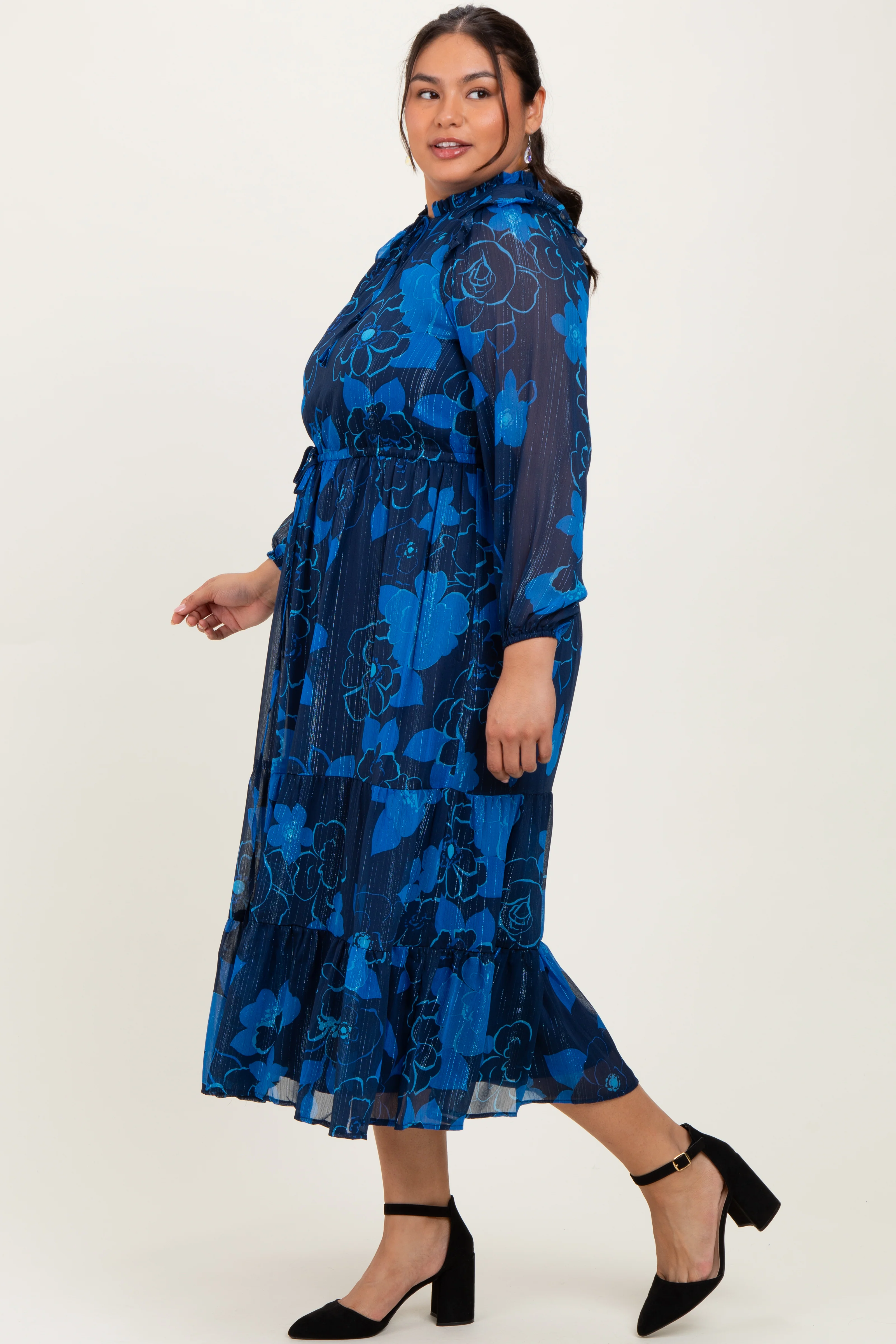 Navy Blue Floral Tiered Plus Midi Dress - Image 3