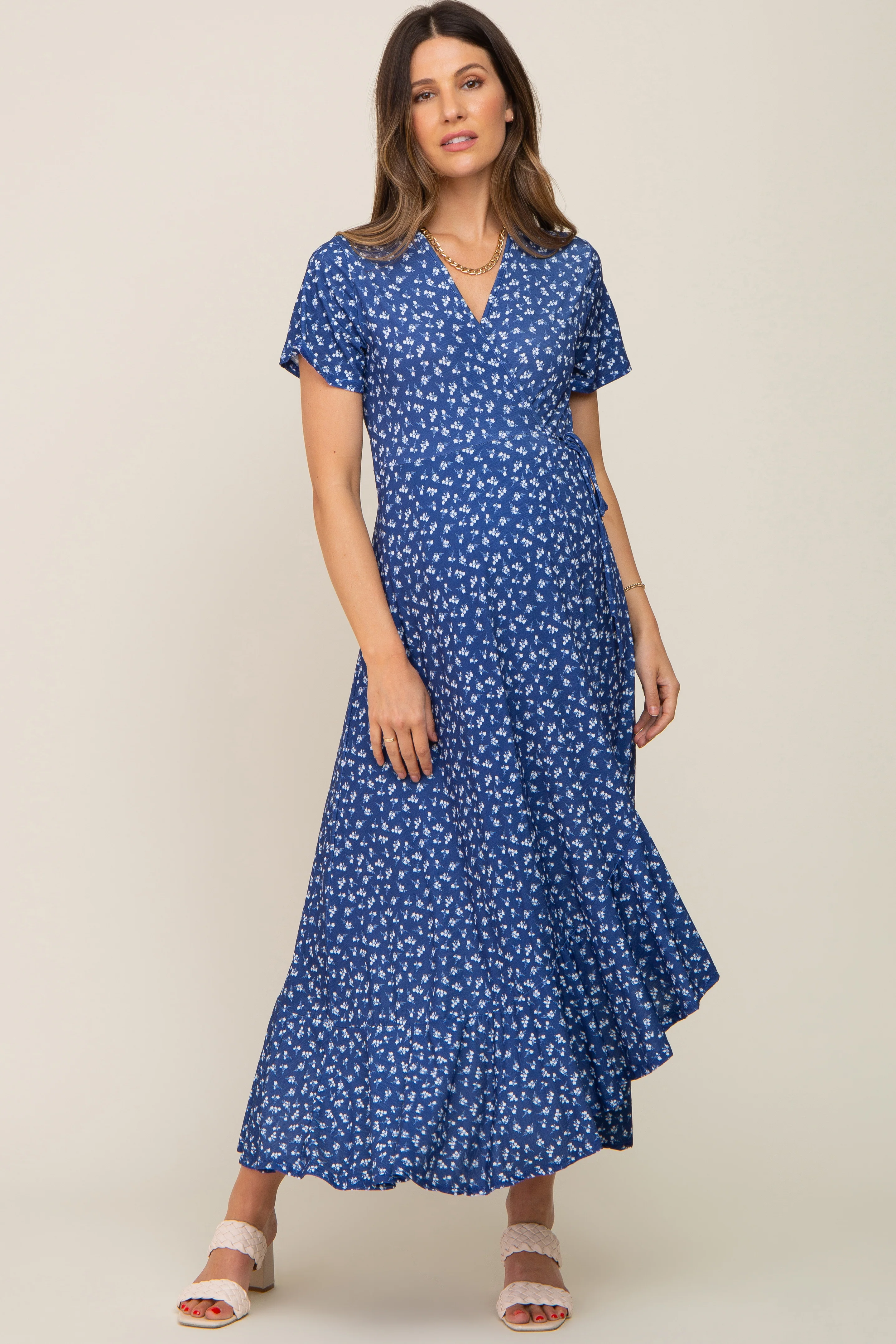 Navy Blue Floral Wrap Front V-Neck Short Sleeve Maternity Midi Dress - Image 4