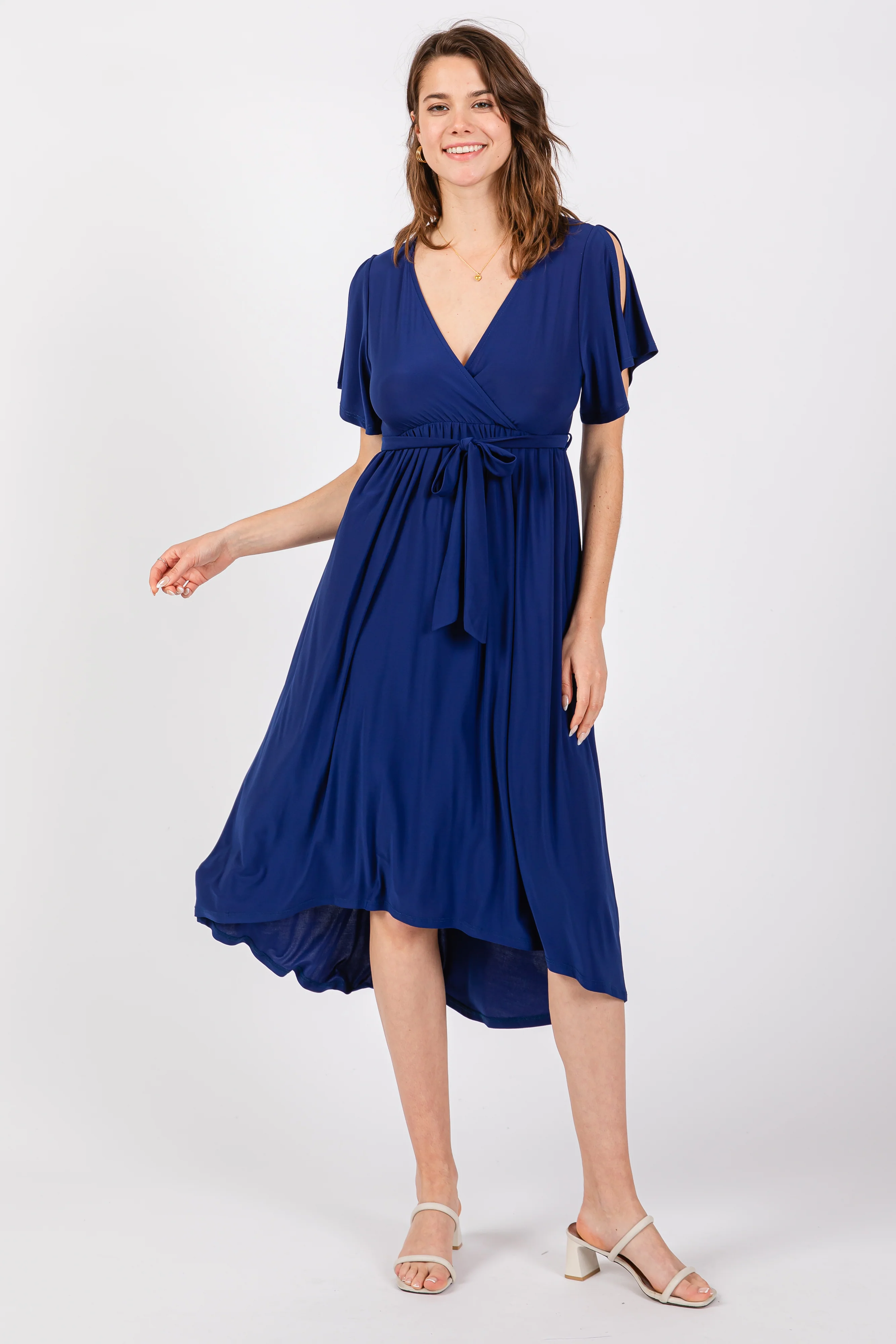 Navy Blue Flutter Sleeve Waist Tie Maternity Nursing Dress - Image 4